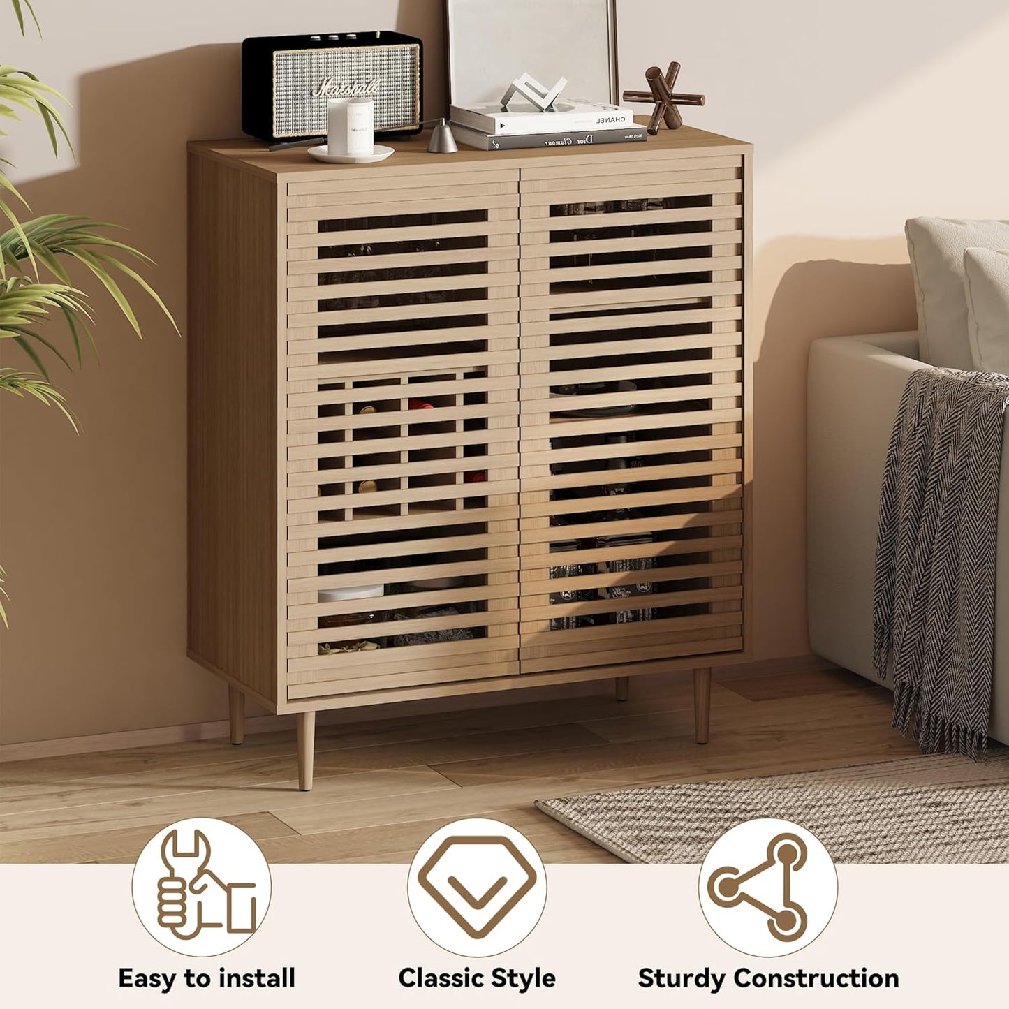 Mid Century Bar Cabinet with Wine Racks, Modern Liquor Cabinet with Slatted Doors for Dining Room, Living Room (Natural Color)