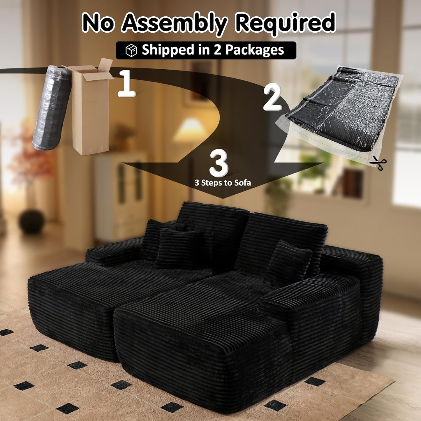 ovios 81" Oversized Sectional Double Lounge Chaise with Cloud Plush Sofa Bed, No Assembly Required, Fluffy Modern Sleeper Loveseat Chair for Indoor Living Room Bedroom Reading, Black (Plush Fabric)