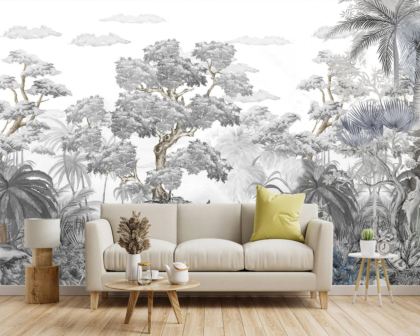 -Tropical Rainforest Botanical Grey Jungle Forest Fabric Wallpaper Living Room Palm Leaf Plant Bedroom Bathroom Large Wall Mural- 183"x120"( not Peel and Stick)