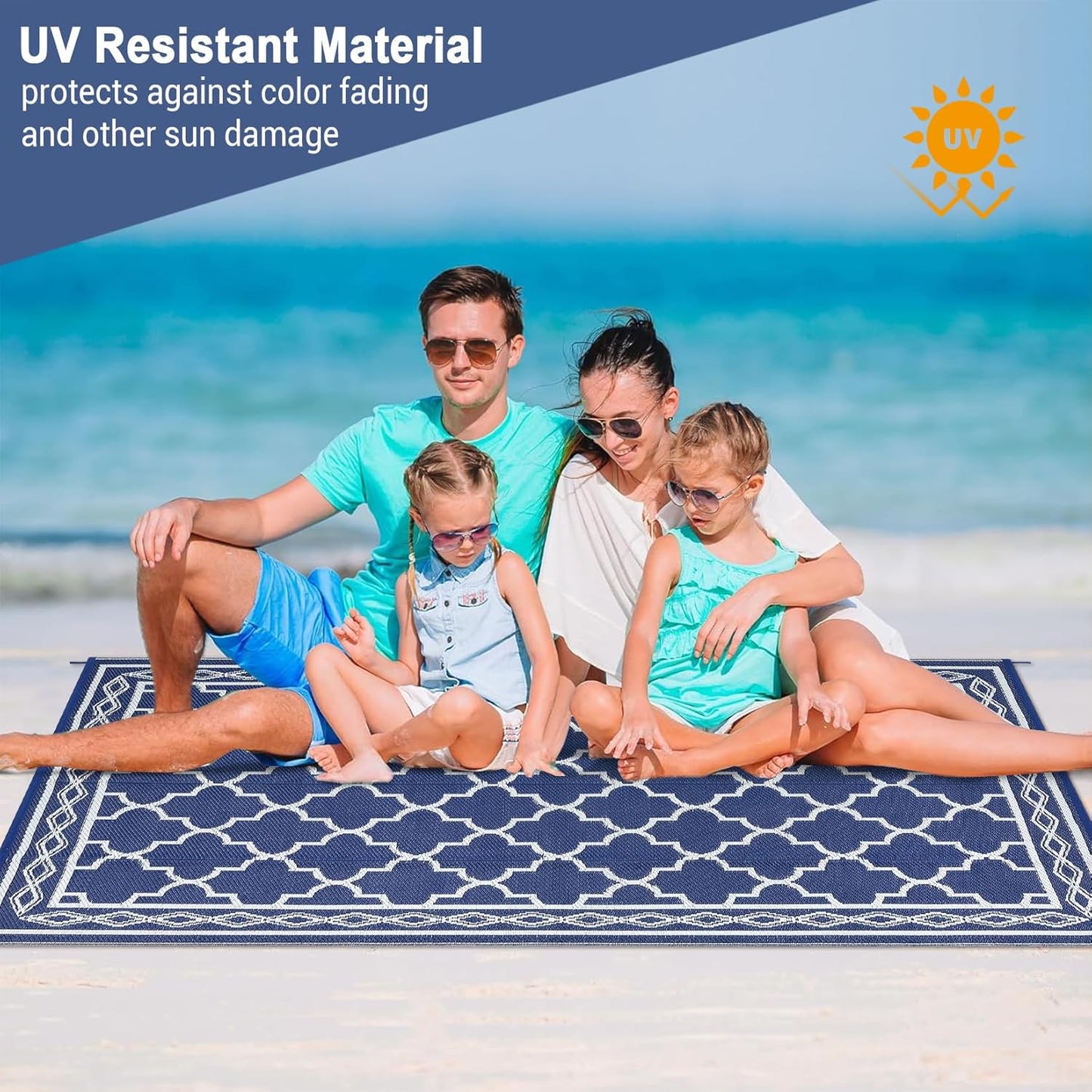 GAOMON Outdoor Rugs Patio Camping Waterproof Rug 6'x9' Plastic Straw Patio Rug Portable for Campers, Outside RVs Mat for Patios Clearance, Backyard Porch, Balcony, Navy/White(Geometric)