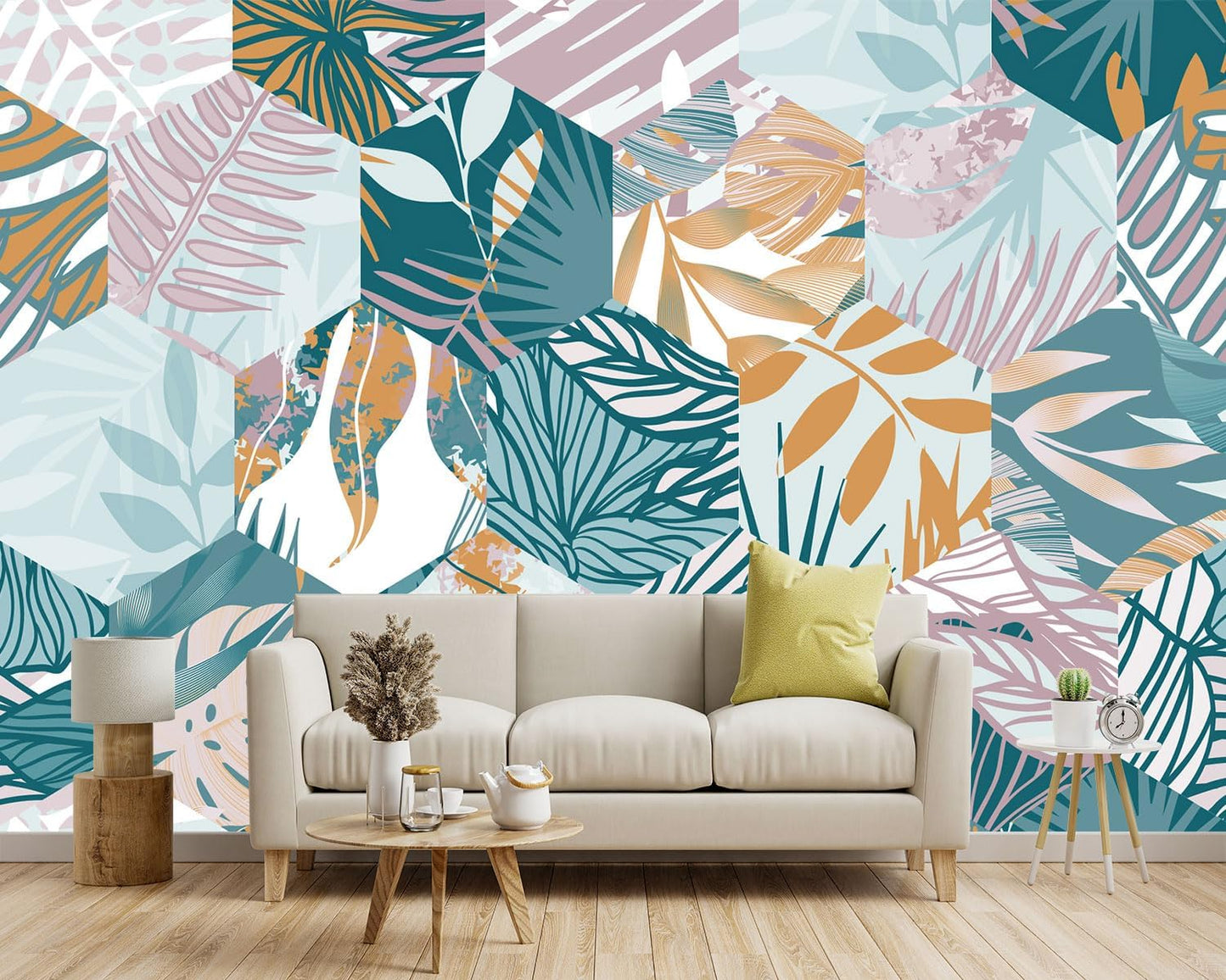 -Abstract Geometry Botanical Banana Leaf Fabric Wallpaper Living Room Bedroom Bathroom Tropical Plant Leaf Large Wall Mural- 160"x108"( not Peel and Stick)