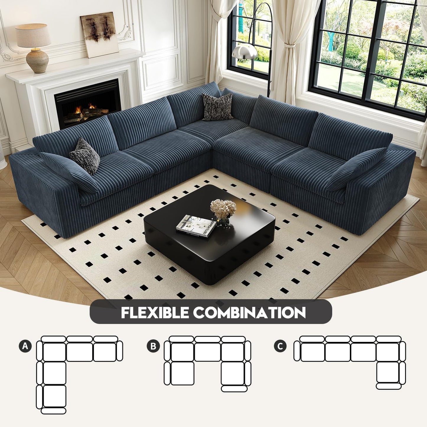118" Cloud Couch Oversized Modular Sectional Sofa for Living Room,Modern Sofa with Deep Seat,V Shaped Boneless Couch,Comfy Upholstered Corduroy Couches for Apartment, Studio, Office,Bedroom,Blue