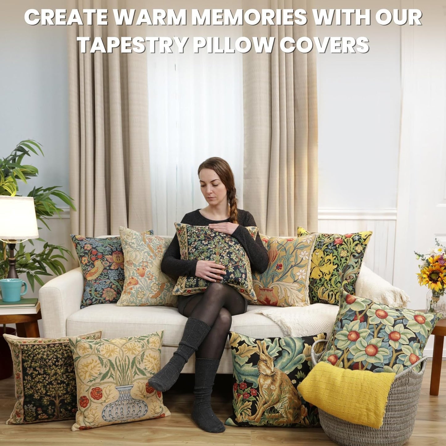 Charlotte Home Furnishings Throw Pillow Covers, Decorative Boho Pillow Covers for Couch, Living Room, Blue Strawberry Square Cushion Cases 18x18 in, European Cotton Jacquard Woven, Cozy Bedroom Decor