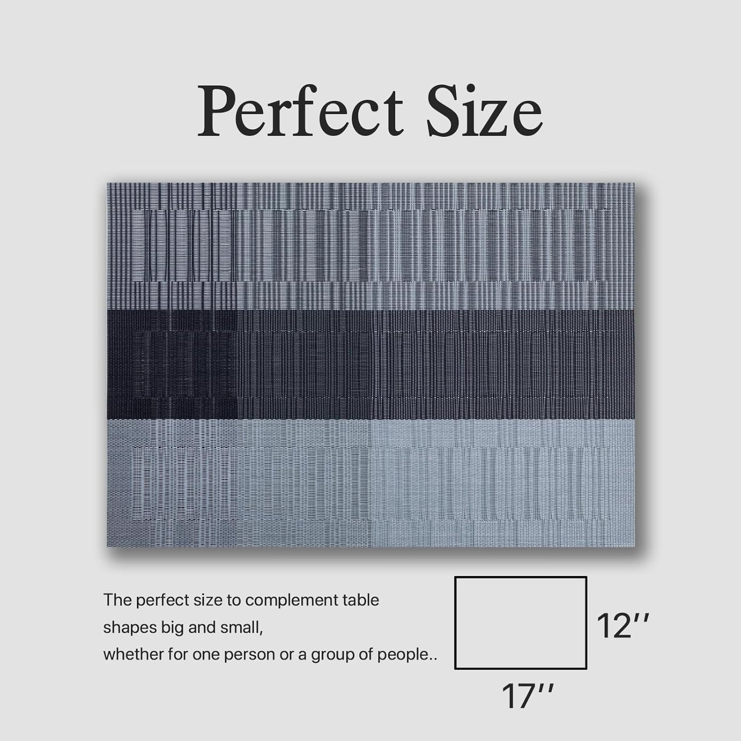 Placemats Set of 8 - Easy Clean Woven Vinyl Placemats for Dining Table, Indoor/Outdoor Place Mats, Washable PVC Table Mats (Silver Gray Black)