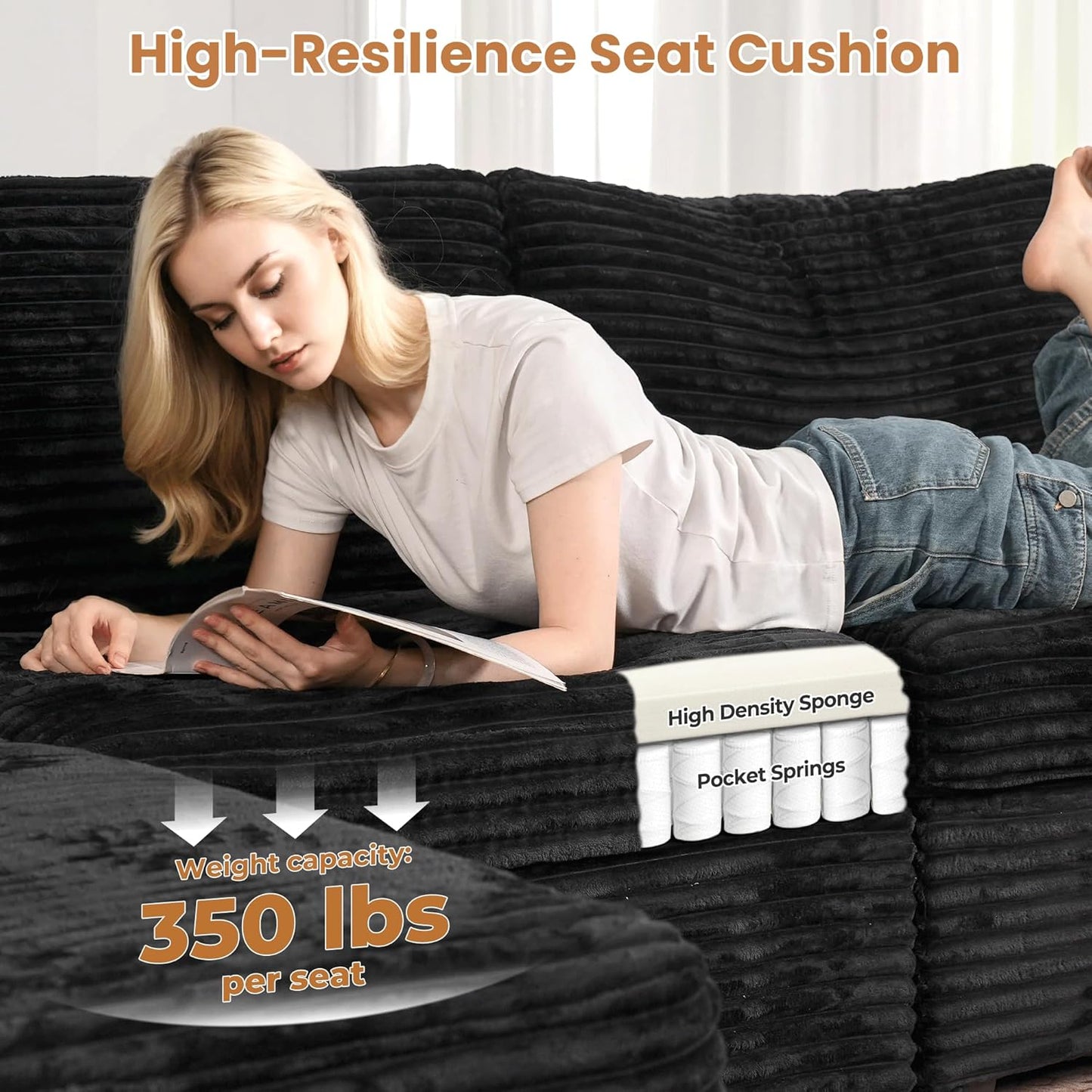 ovios Sectional Sofa Couch with L-Shape Chaise Oversized, Comfy Modular Cloud Couches with Deep Seat, Modern Upholstered Plush Corduroy Sofas Set for Living Room, 5-Seater, Black