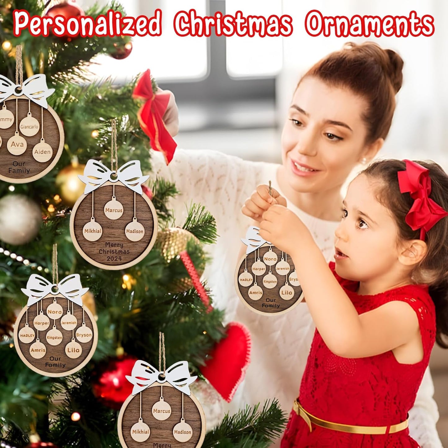 Personalized Christmas Ornaments 2025 with Family Names Custom Wooden Ornaments for Christmas Tree Personalized Christmas Ornament Gifts (1-10 Names)