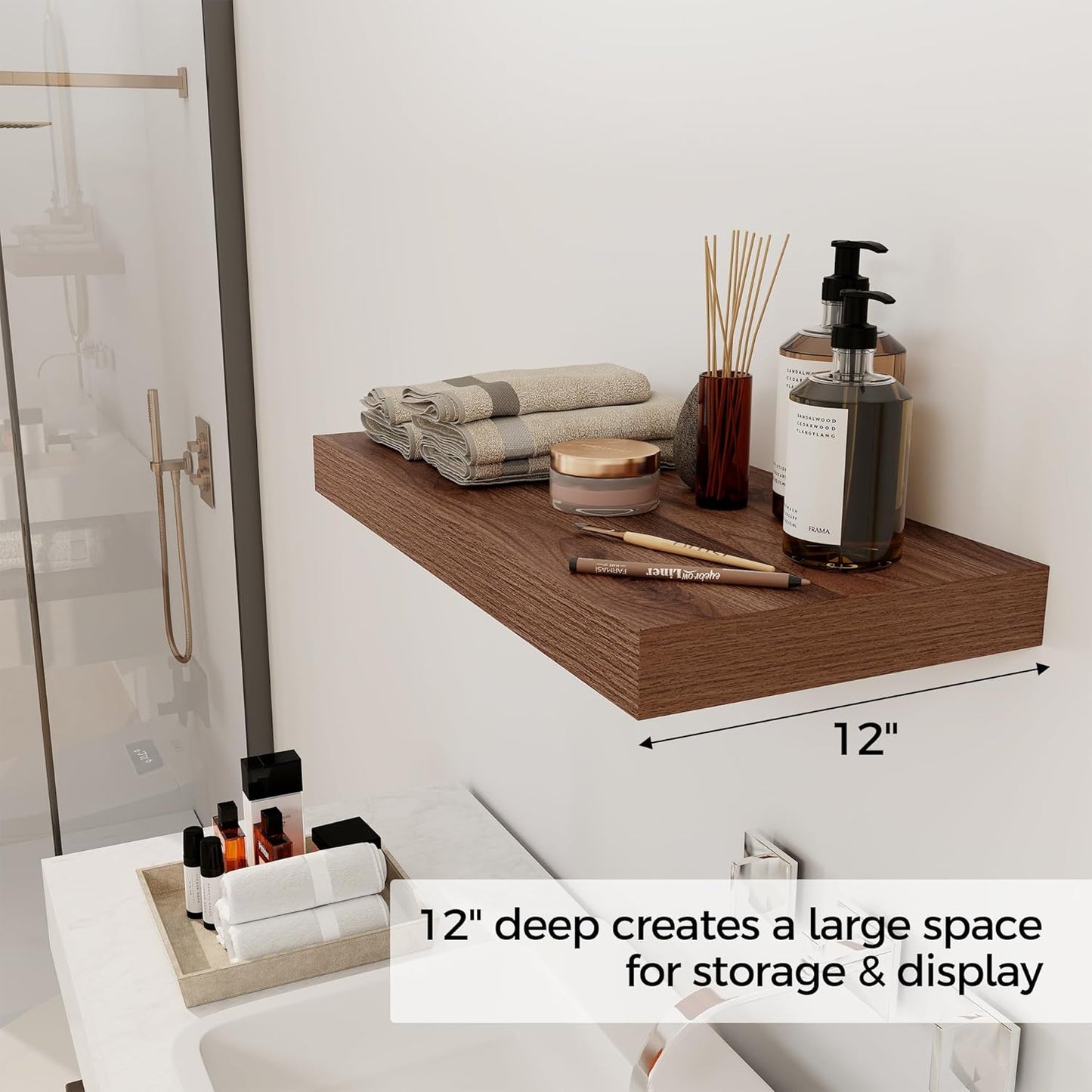 12 Inch Deep Floating Shelves, 24 x 12 Floating Shelf for Books, Rustic Wood Deep Wall Shelves for Home Storage & Display, 2" Thicked Shelves for Kitchen, Living Room, Bedroom, Walnut Color, 2 Pack