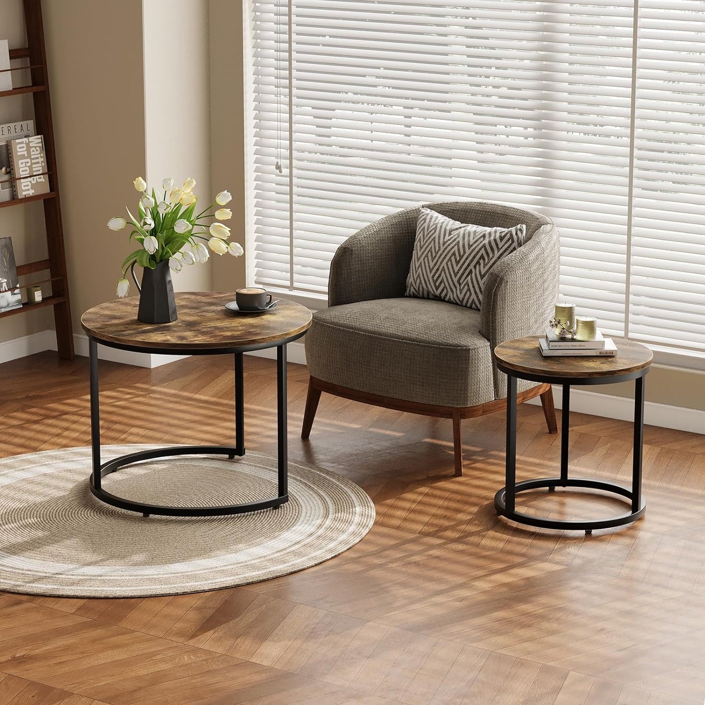 Smuxee Nesting Coffee Table Set of 2, 23.6" Round Coffee Table Rustic Wood Top with Adjustable Non-Slip Feet, Industrial End Table Side Tables for Living Room Bedroom Balcony Yard