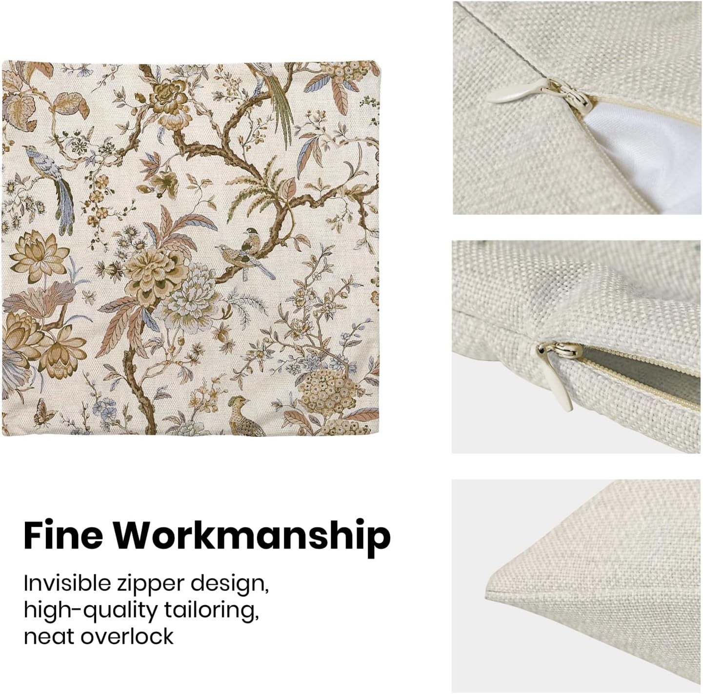 CXMEIFLY Spring Floral Birds Pillow Covers 16 x 16 Inch Set of 2 for Chinoiserie Flowers Decor Throw Pillows Brown and White Plant Outdoor Decorative Cushion Cases for Couch Bed Decorations