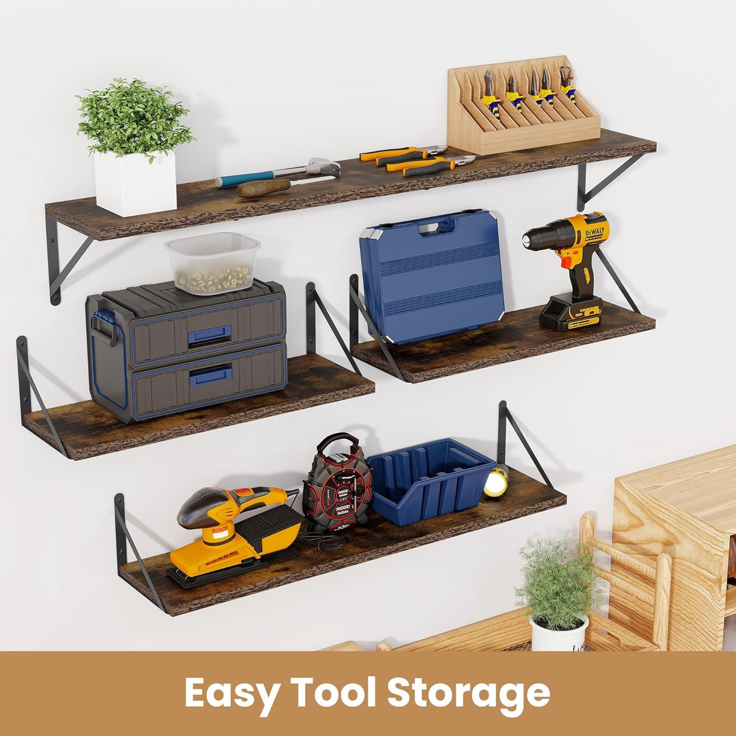 Heimlove 48 Inch Large Floating Bookshelves Set of 3,Rustic Brown Wood Wall Mounted Bookshelves,Heavy Duty Shelves for Living Room,Bedroom,Kitchen,Laundry Room Storage & Decor