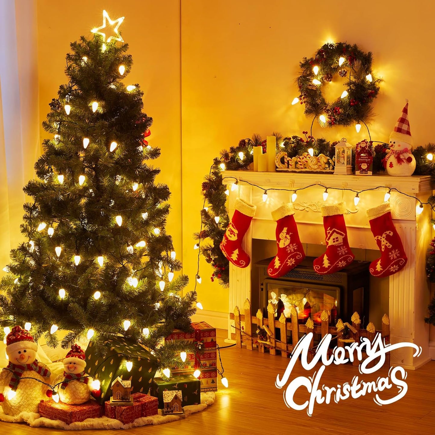 Brightown C9 LED Christmas String Lights, 2 Pack - 33ft 50 LED Waterproof Strawberry String Lights, Extendable Green Wire Lights String for Outdoor Indoor Patio Party Decoration (Warm White)