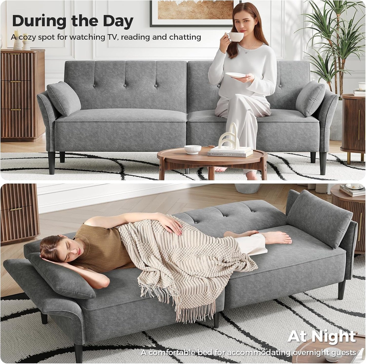 89” Futon Sofa Bed, Comfy Futon Couch Bed with 2 Square Pillows, Convertible Sleeper Sofa with Adjustable Backrest& Armrests, Modern Loveseat Sleeper for Living Room, Bedroom, Light Gray