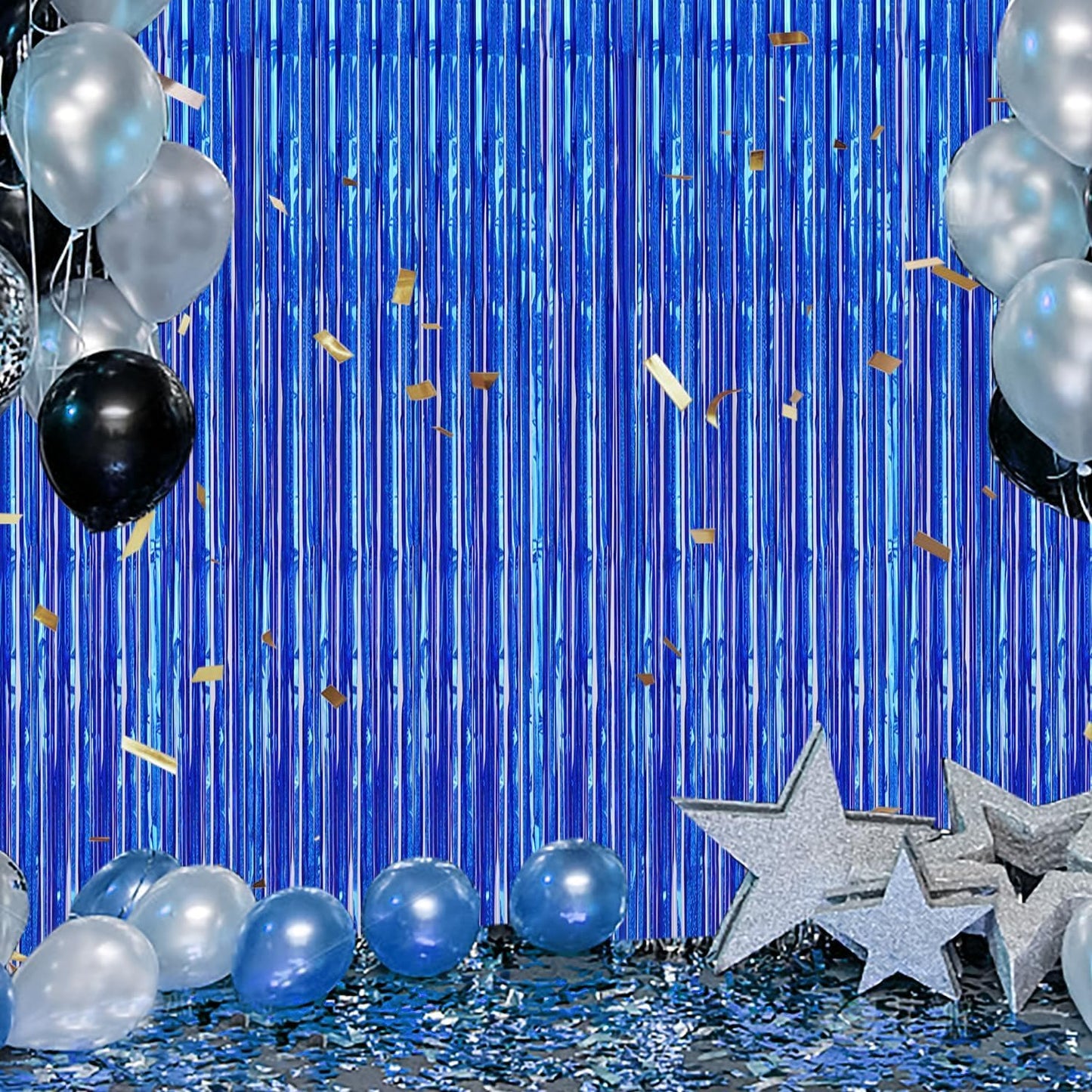 3 Pack Foil Fringe Backdrop - Laser Royal Blue Shiny Tinsel Curtains for Party Decoration/Photo Booth Props - 3.3x8.2 FT Metallic Foil Backdrop for Birthday, Wedding, Graduation, Christmas