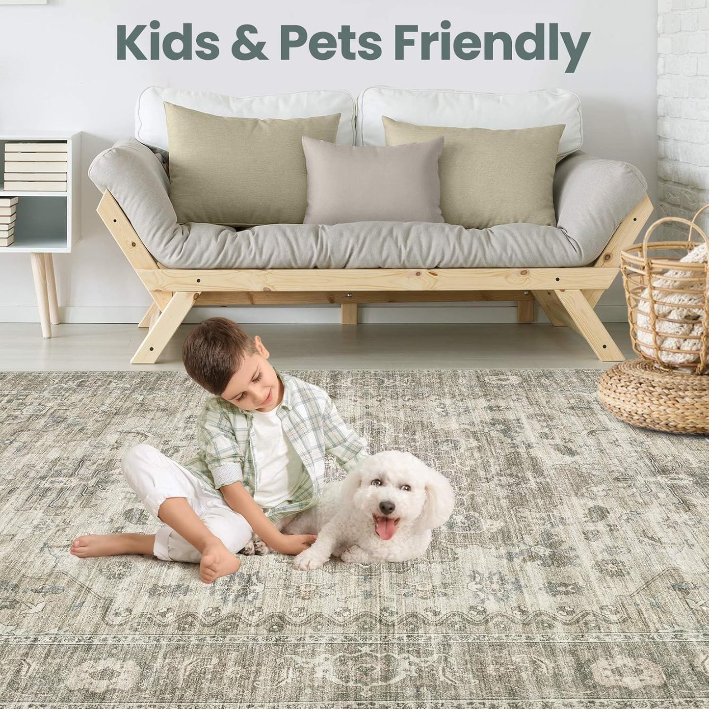 Washable Area Rugs for Living Room - 5x7 Neutral Vintage Distressed Floral Farmhouse Boho Large Soft Floor Rug Indoor Non Slip Carpet for Living Room Bedroom Dining Room Office - Brown/Tan