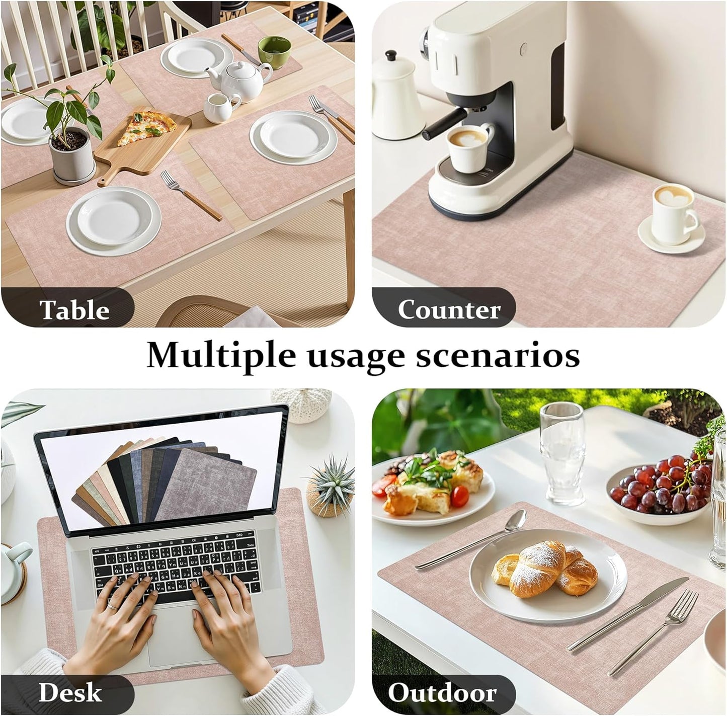 FROMHEART Faux Leather Placemats Set of 6–Waterproof,Heat/Oil Stain-Resistant PU Table Mat–Reversible,Non-Slip,Easy to Clean Place Mats for Kitchen,Dining,Indoor/Outdoor,(Pink,11.8" x 17")