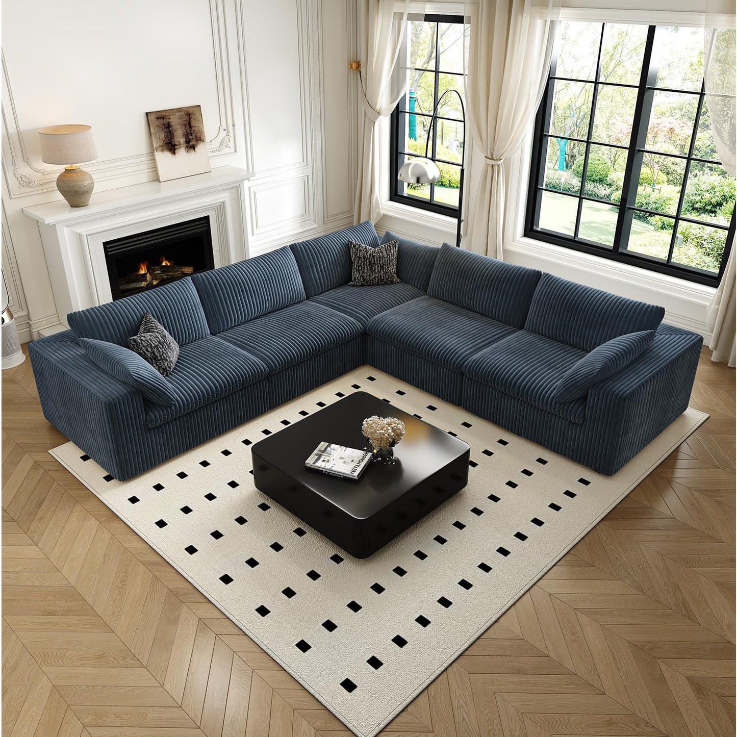 118" Cloud Couch Oversized Modular Sectional Sofa for Living Room,Modern Sofa with Deep Seat,V Shaped Boneless Couch,Comfy Upholstered Corduroy Couches for Apartment, Studio, Office,Bedroom,Blue