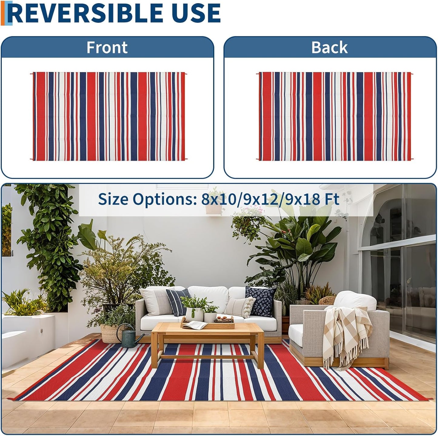 Outdoor Patio Rug 9x12 Stain-Resistant Reversible Camping Mat, Modern Striped Outdoor Plastic Straw Rug, Waterproof Outside Carpet, Easy to Clean for RV, Porch, Deck, Balcony, Red Blue White