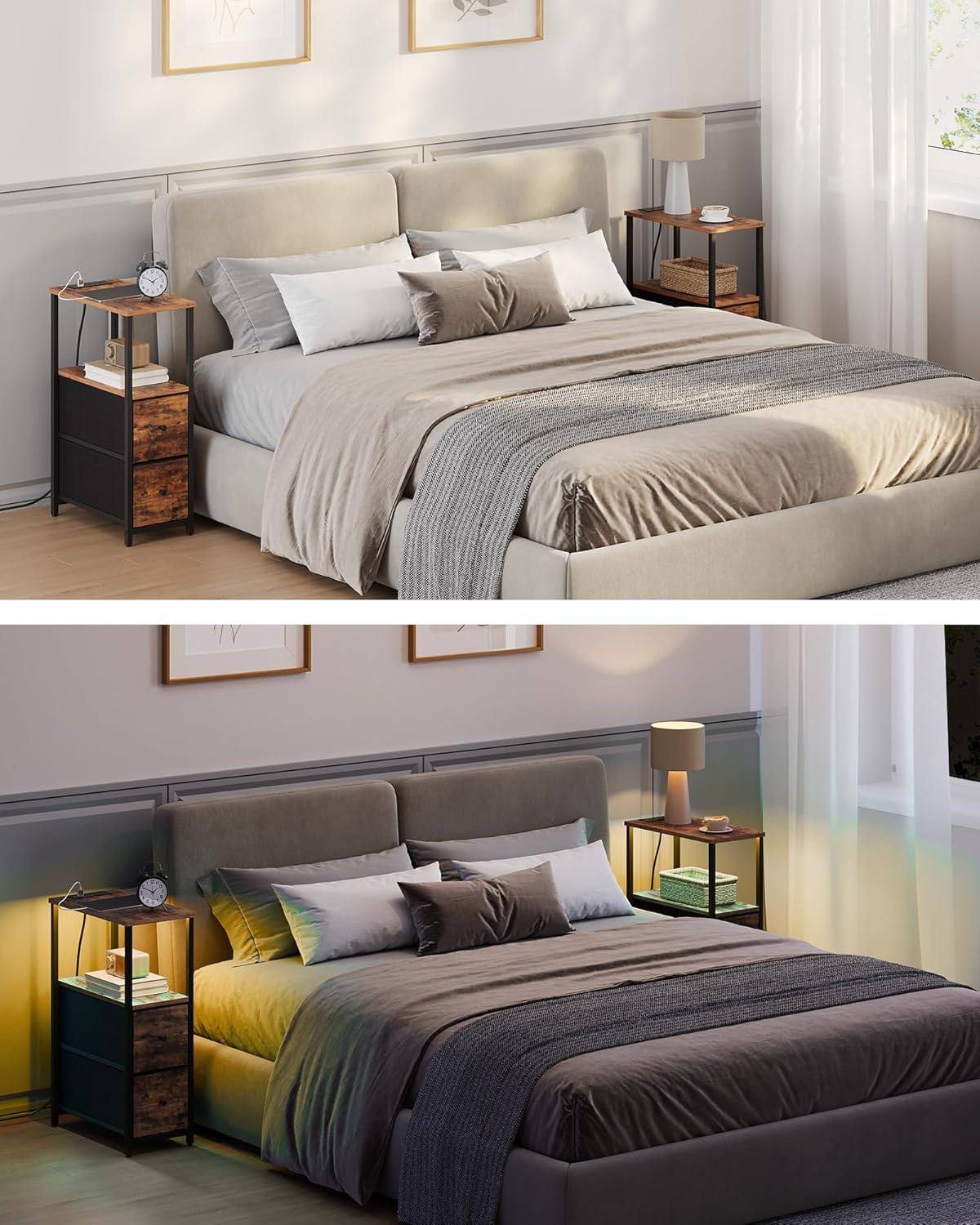 TUTOTAK Small Narrow LED End Table with Charging Station, Side Table Outlets, Nightstand with 2 Cloth Drawers, Couch Table, for Living Room, Bedroom, Bedside, Brown TB01BB085L