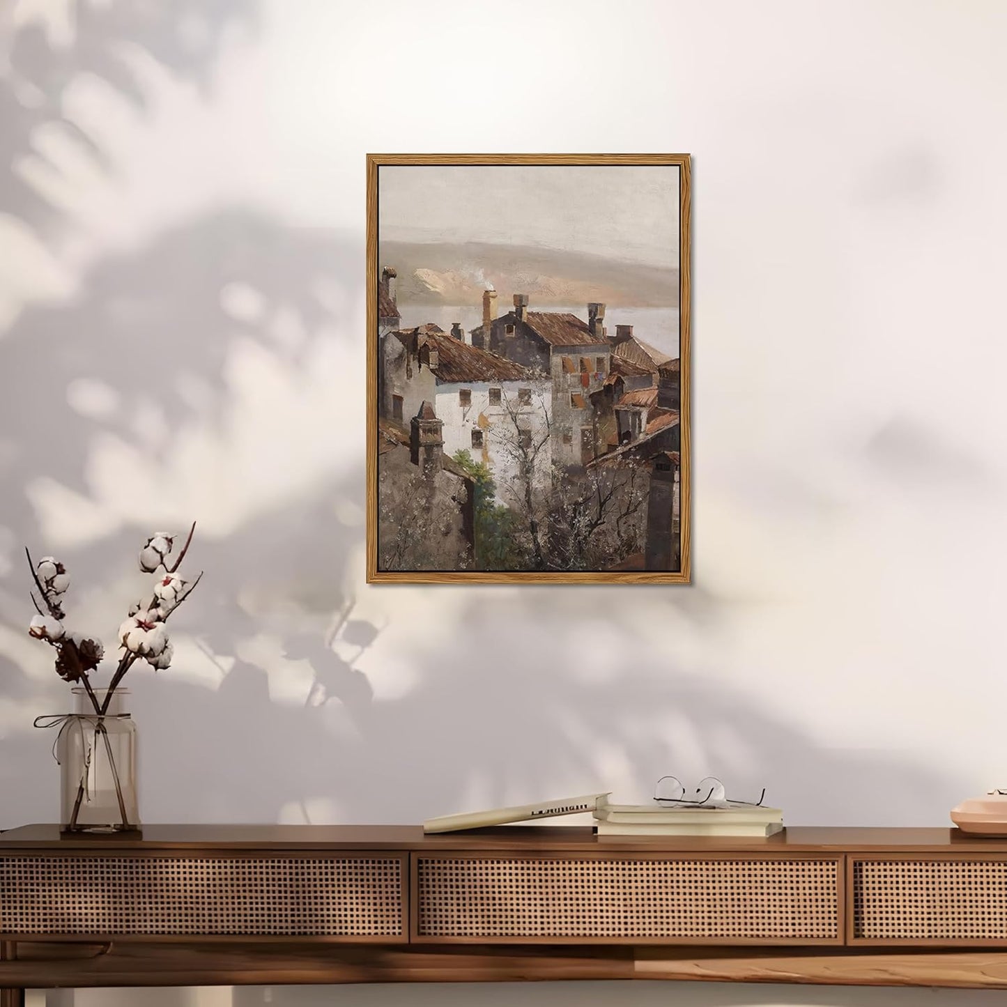 Floating Framed Vintage Canvas Wall Art, European Country Towns Wall Decor Oil Paintings Artwork, Rustic Farmhouse Posters Prints Pictures for Living Room Hallway Bedroom 16x24 inch