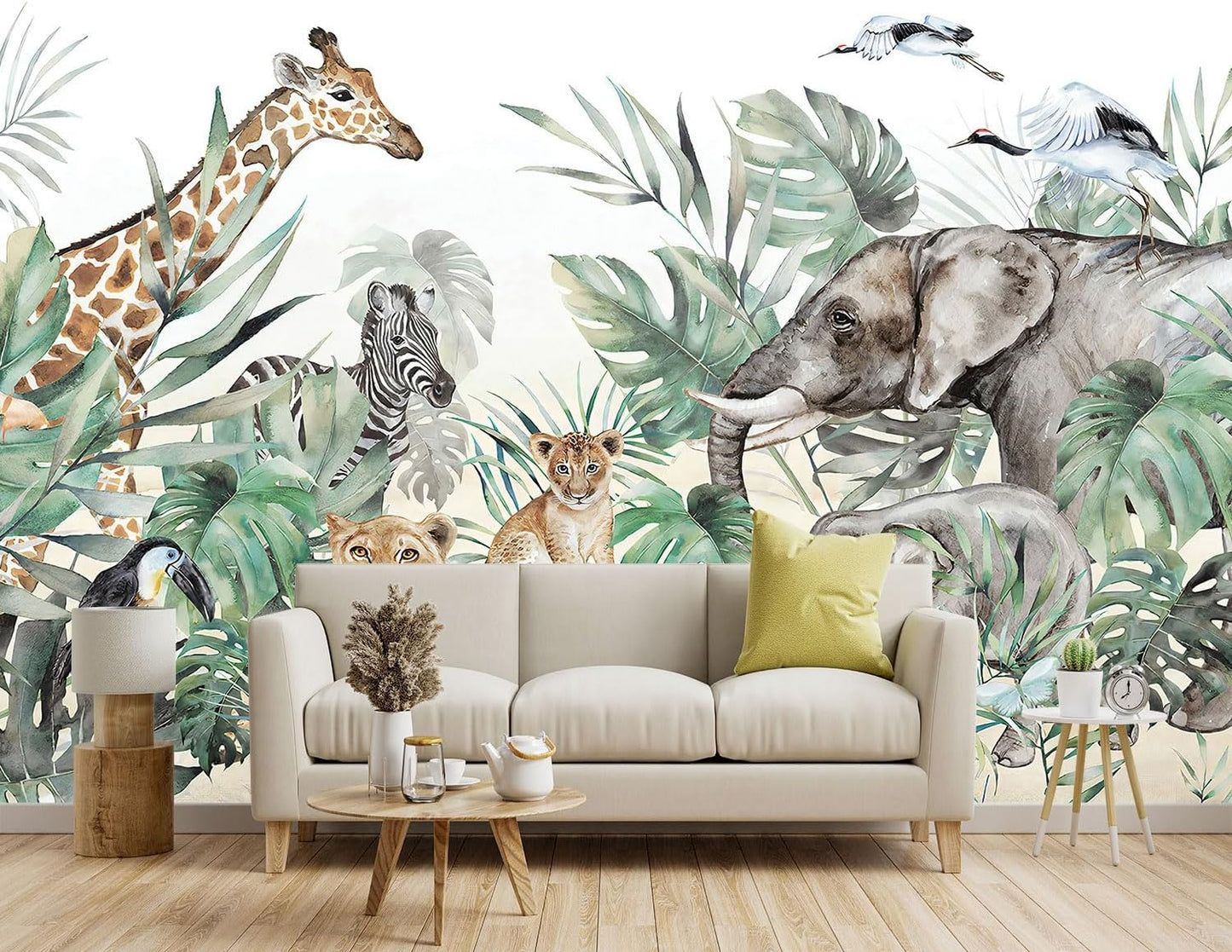 -Tropical Rainforest Plants Animals Tigers Fabric Wallpaper Jungle Plants Banana Leaves Boys Girls Kindergarten Children Bedroom Large Mural- 160"x108"( not Peel and Stick)