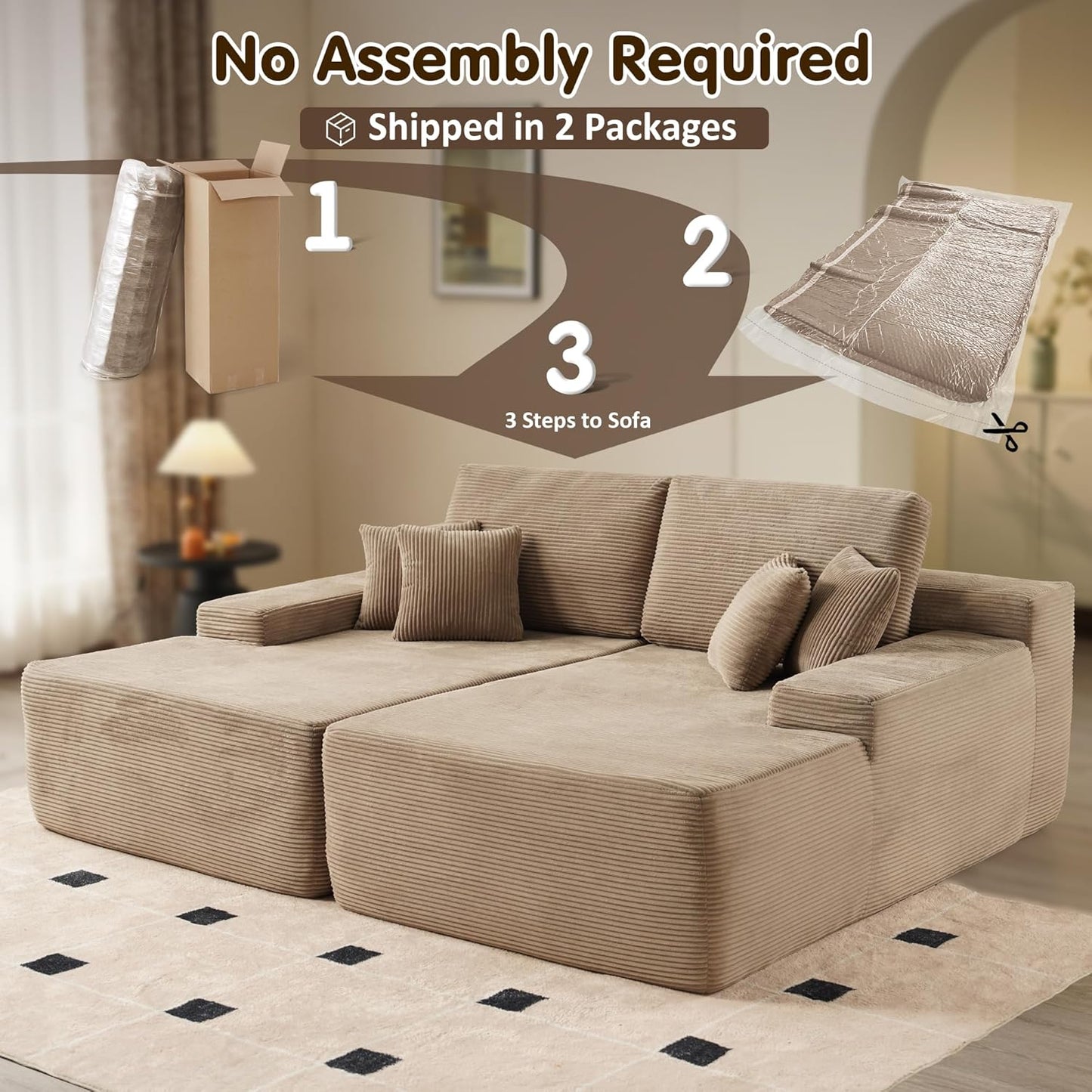 ovios 81" Oversized Sectional Double Lounge Chaise with Cloud Plush Sofa Bed, No Assembly Required, Fluffy Modern Sleeper Loveseat Chair for Indoor Living Room Bedroom Reading, Camel (Corduroy Fabric)