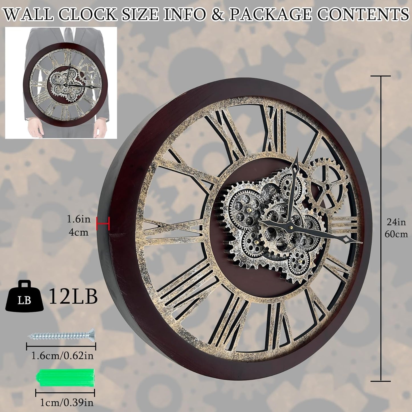 HOIBAI Large Wall Clock, Wall Clocks for Living Room Decor 30 Inch Farmhouse Vintage Rustic Kitchen Wall Decor Vintage Roman Oversized Wall Clock for Home Bedroom House, Moving Gears Clock