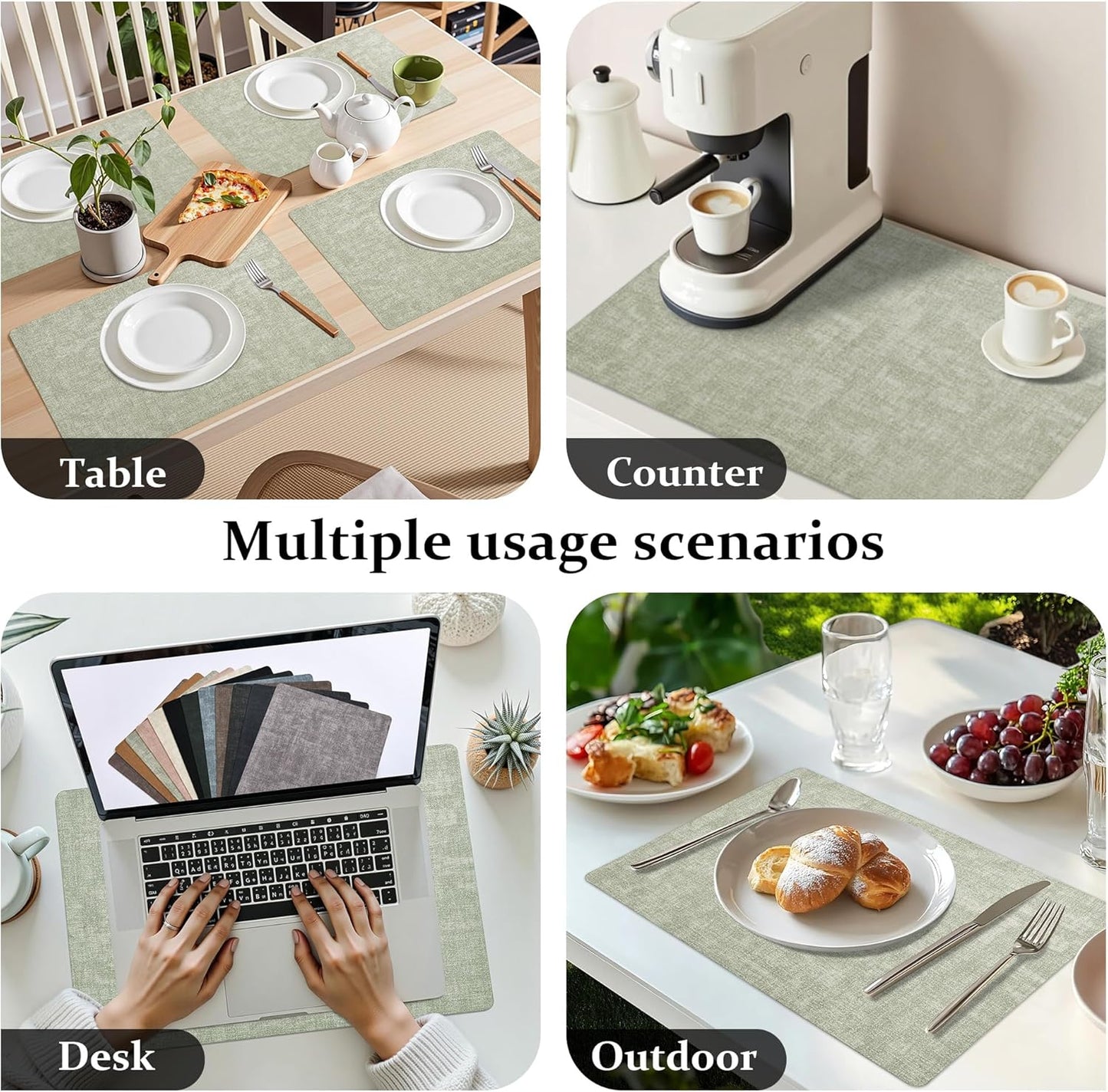 FROMHEART Faux Leather Placemats Set of 4–Waterproof,Heat/Oil Stain-Resistant PU Table Mat–Reversible,Non-Slip,Easy to Clean Place Mats for Kitchen,Dining,Indoor/Outdoor,(Light Green,11.8" x 17")