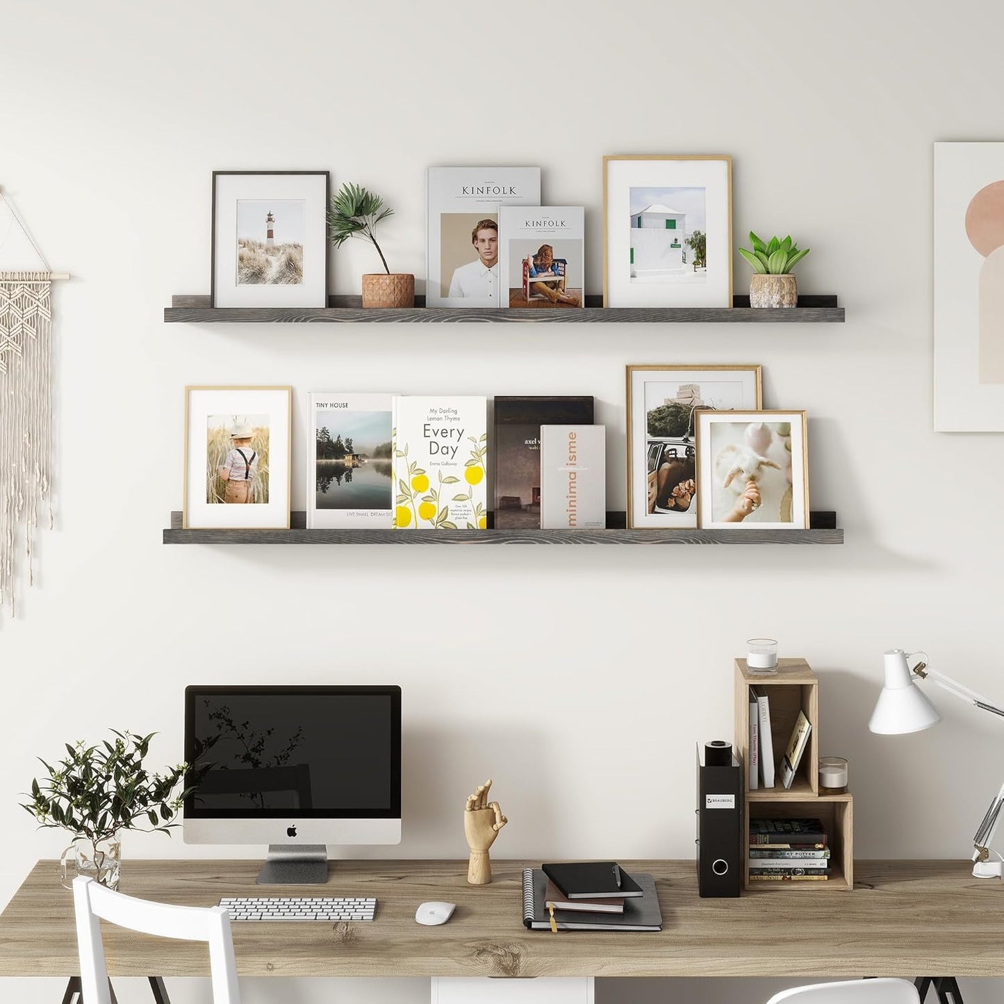 Picture Ledge Shelf, Floating Shelves Set of 2, Solid Pine Wood 55'' Long Large Nursery Book Shelves for Toys Storage, Kids Bookshelf for Living Room Bedroom Decor Books Photo Frames, Grey