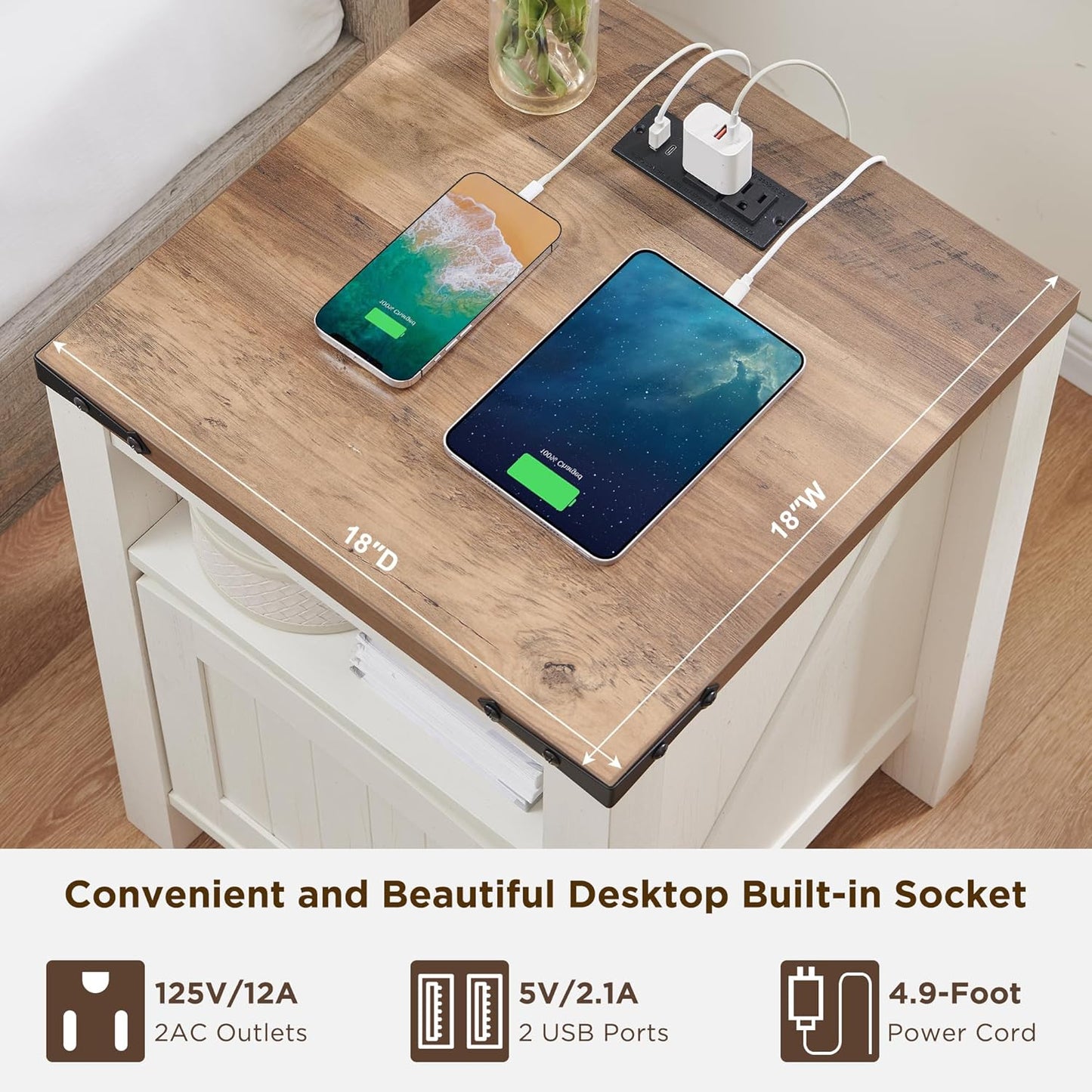 OKD Nightstand with Charging Station Set of 2, 18 Inchs Farmhouse End Table with Adjustable Storage Shelf, Rustic Wood Sofa Side Table for Bedroom