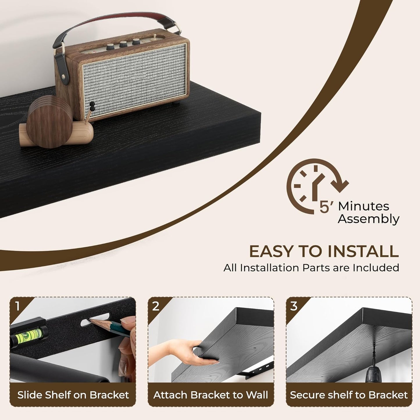 RICHFOCUS 55Inch Floating Shelves for Wall 1 Pack Shelves for Bedroom|Kitchen|Bathroom Wall Mounted Rustic Wood Floating Shelf with Invisible Brackets for Books|Storage|Decor, Black