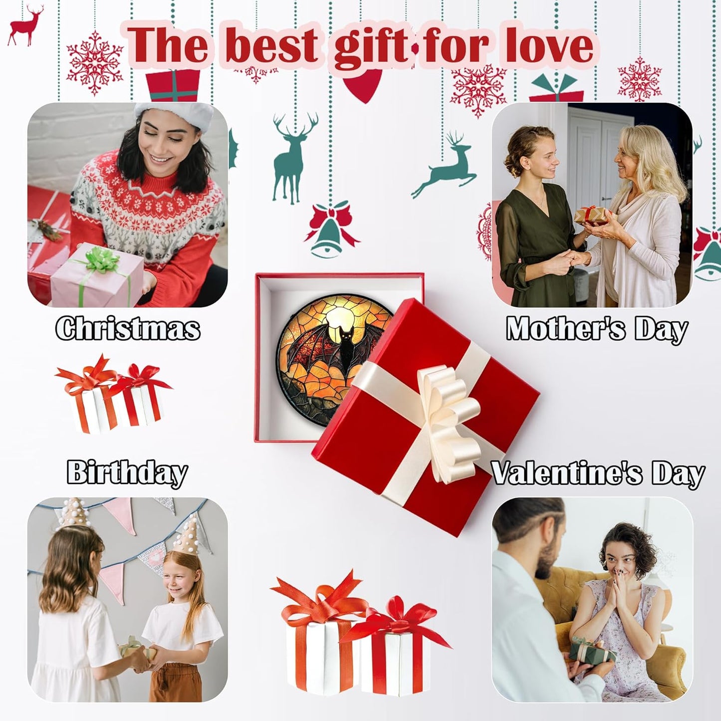 Stained Glass Window Hanging, Black Bat Sun Catcher for Door Home Decor Animal Suncatcher Christmas Mother's Day Birthday Gifts for Women Men Mom and Nana 15 in