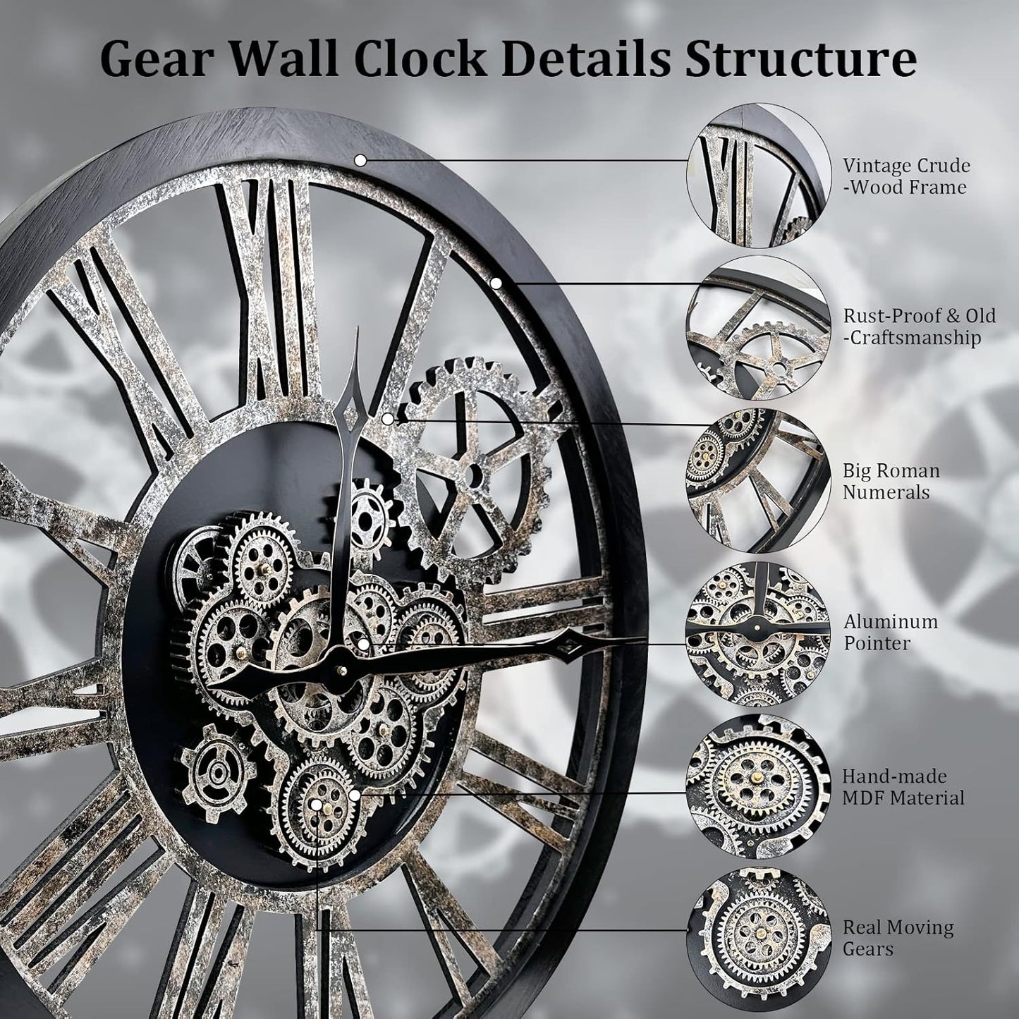 HOIBAI Large Wall Clock, Wall Clocks for Living Room Decor 36 Inch Farmhouse Vintage Rustic Kitchen Wall Decor Vintage Roman Oversized Wall Clock for Home Bedroom House, Moving Gears Clock