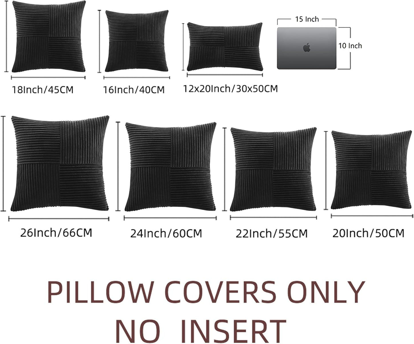 Fancy Homi 2 Packs Black Big Decorative Throw Pillow Covers 24x24 Inch for Couch Bed Sofa, Rustic Farmhouse Boho Home Decor, Soft Corss Corduroy Patchwork Accent Square Cushion Case 60x60 cm