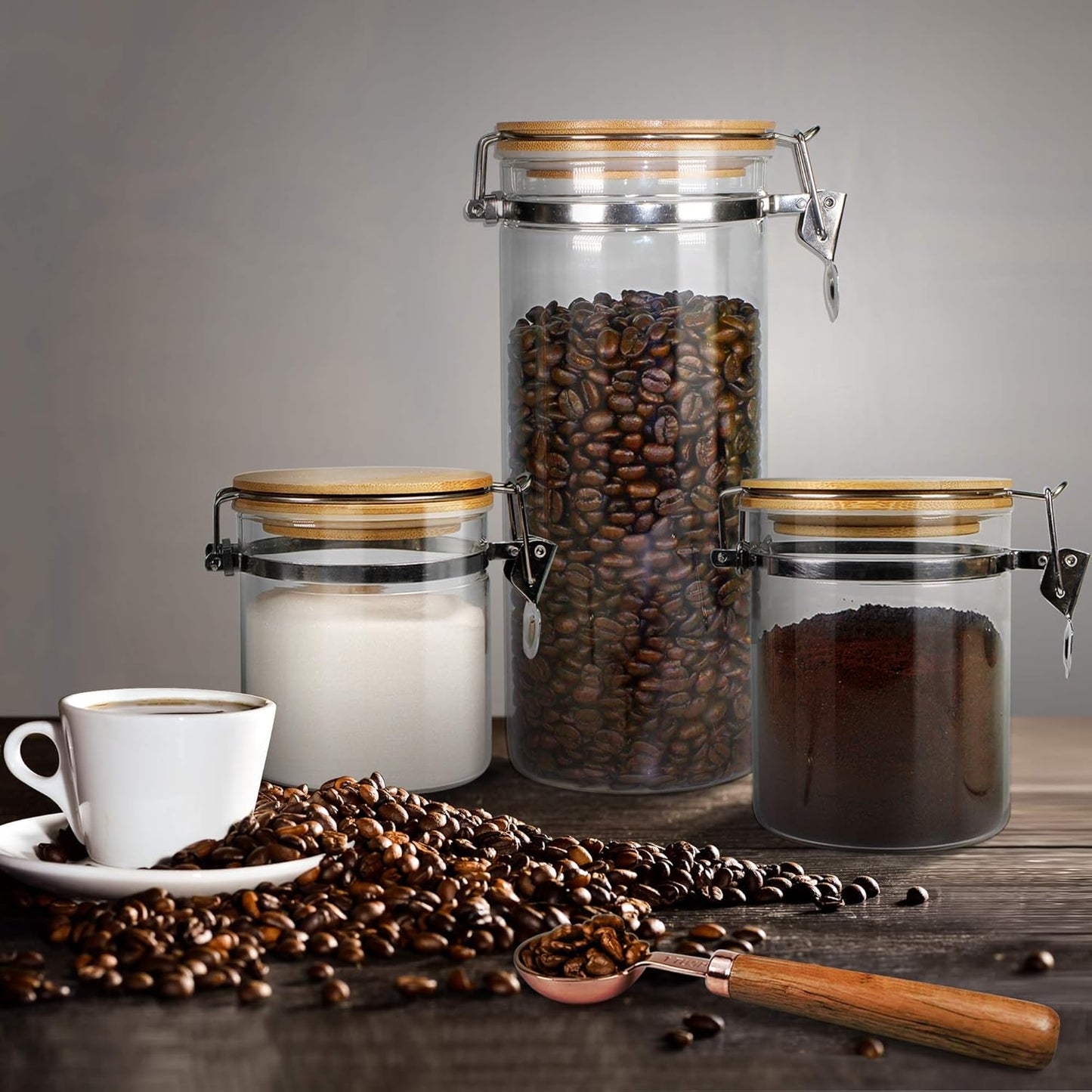 Urban Green Borosilicate Glass Storage Jars with Airtight Locking Clamp Lids, Airtight Canister Set,Coffee Set of 3 with Spoon (50oz, 24oz, 18oz), Storage Containers with Bamboo Lid