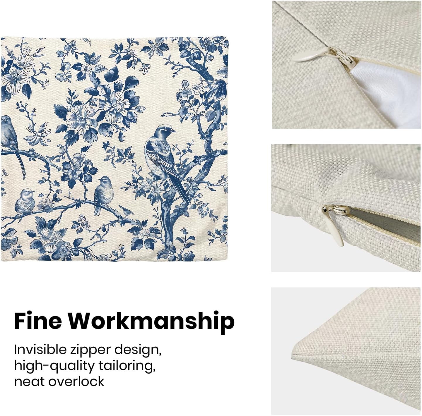 Navy Blue Spring Floral Pillow Covers 18 x 18 Inch Set of 2 for Vintage Chinoiserie Flowers Bird Decor Throw Pillows Plant Farmhouse Outdoor Decorative Cushion Cases for Couch Bed Decorations