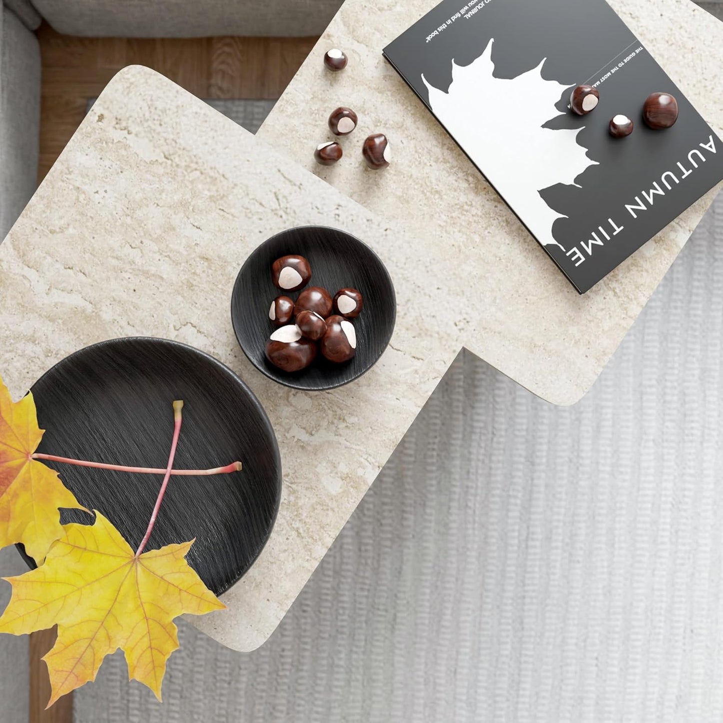 Travertine Efect Square Nesting Table Set of 2 Modern Coffee Table Small Side Table End Table for Living Room