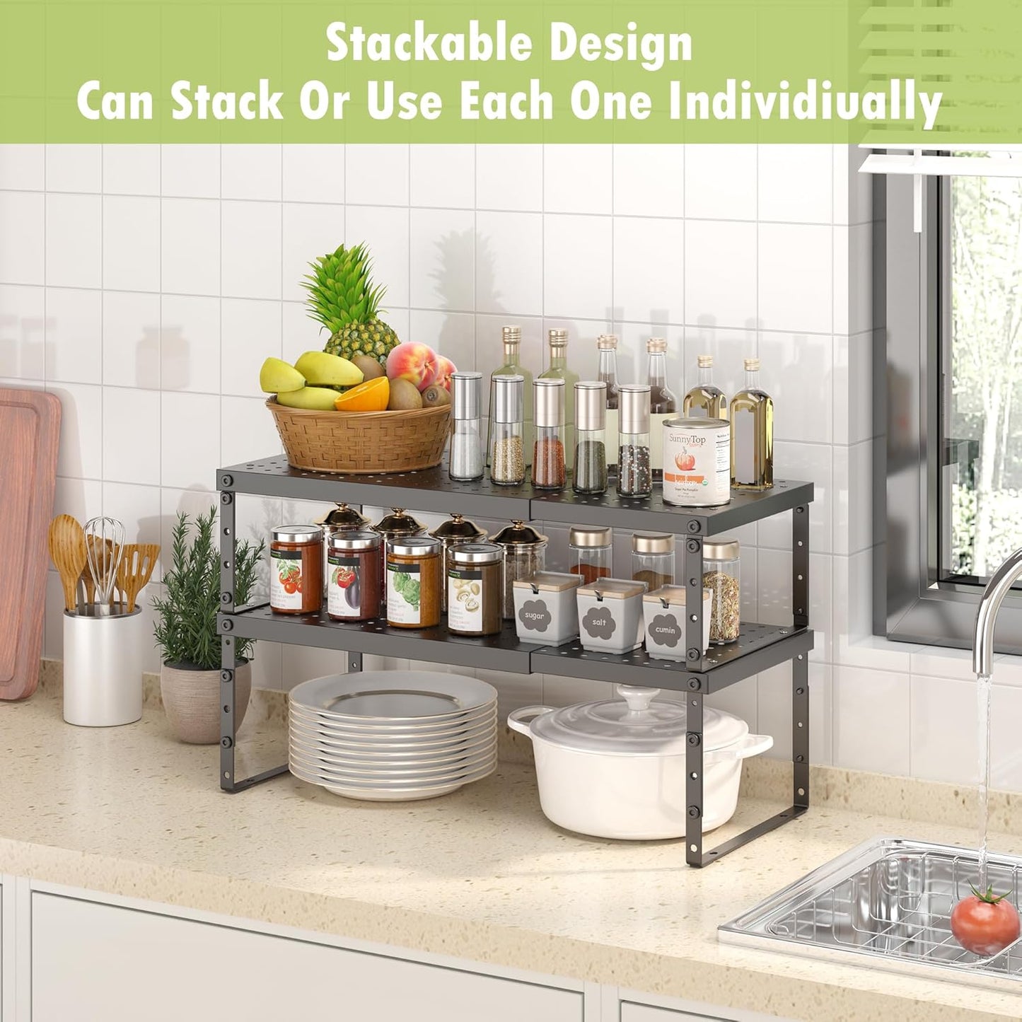 Expandable Cabinet Organizer Shelf With Adjustable Height, Stackable Kitchen Countertop Organizer Rack, Adjustable Shelf Riser For Kitchen Counter, Pantry, Cupboard, Desk, Tabletop