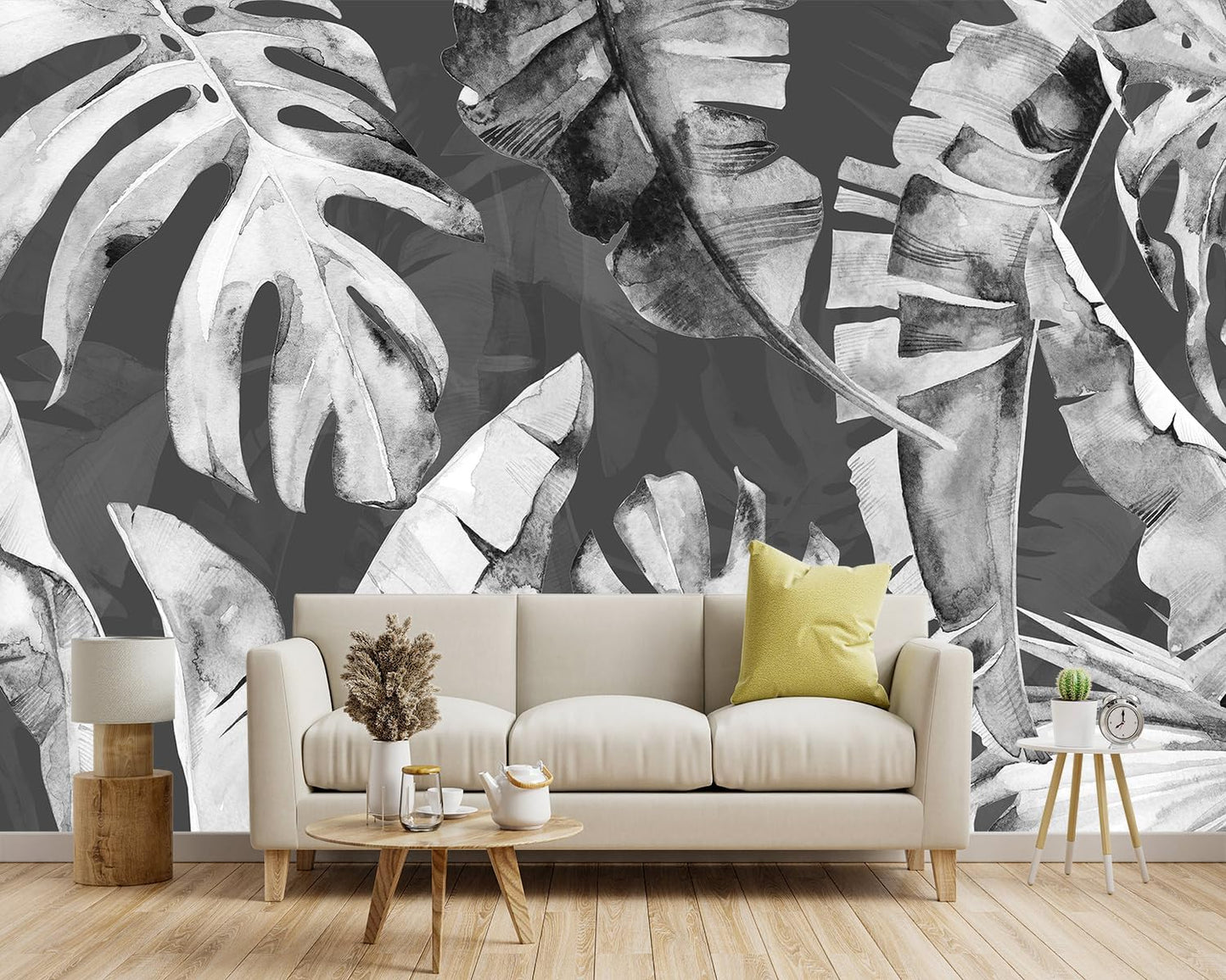 -Tropical Botanical Grey Banana Leaf Fabric Wallpaper Living Room Bedroom Bathroom Plant Large Wall Mural- 137"x96"( not Peel and Stick)