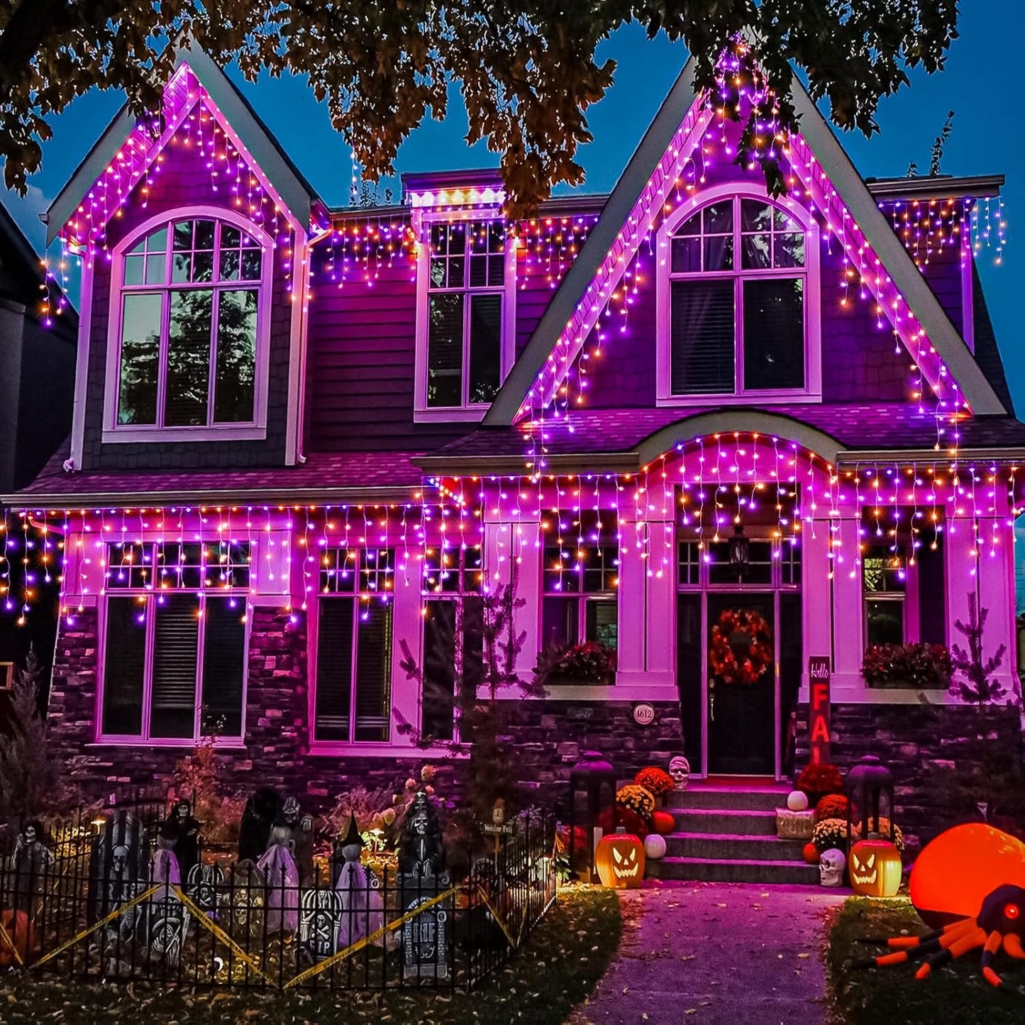 66ft Halloween Lights Outdoor, Orange and Purple Icicle Lights for Outside Indoor, 640 LED Twinkle String Lights with 120 Drops Clear Wire Short Curtain Light for House Party Tree Holiday Yard Decor