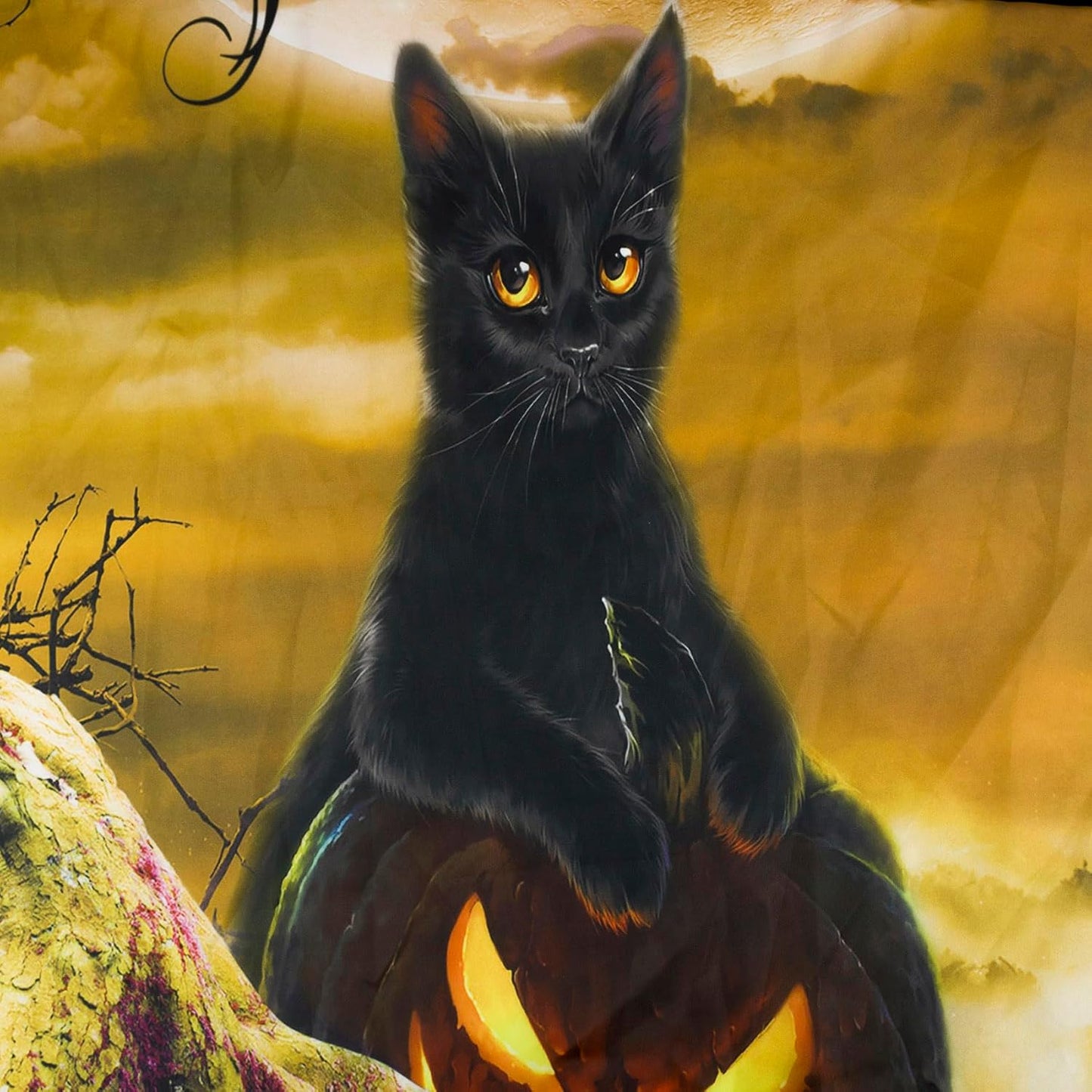 LB Halloween Wall Art - Horror Witch Cat & Dead Tree Pumpkin Lights with Spooky Graveyard Orange Full Moon over Misty Forest Wall Tapestry for Bedroom & Living Room - 48x36 Inch