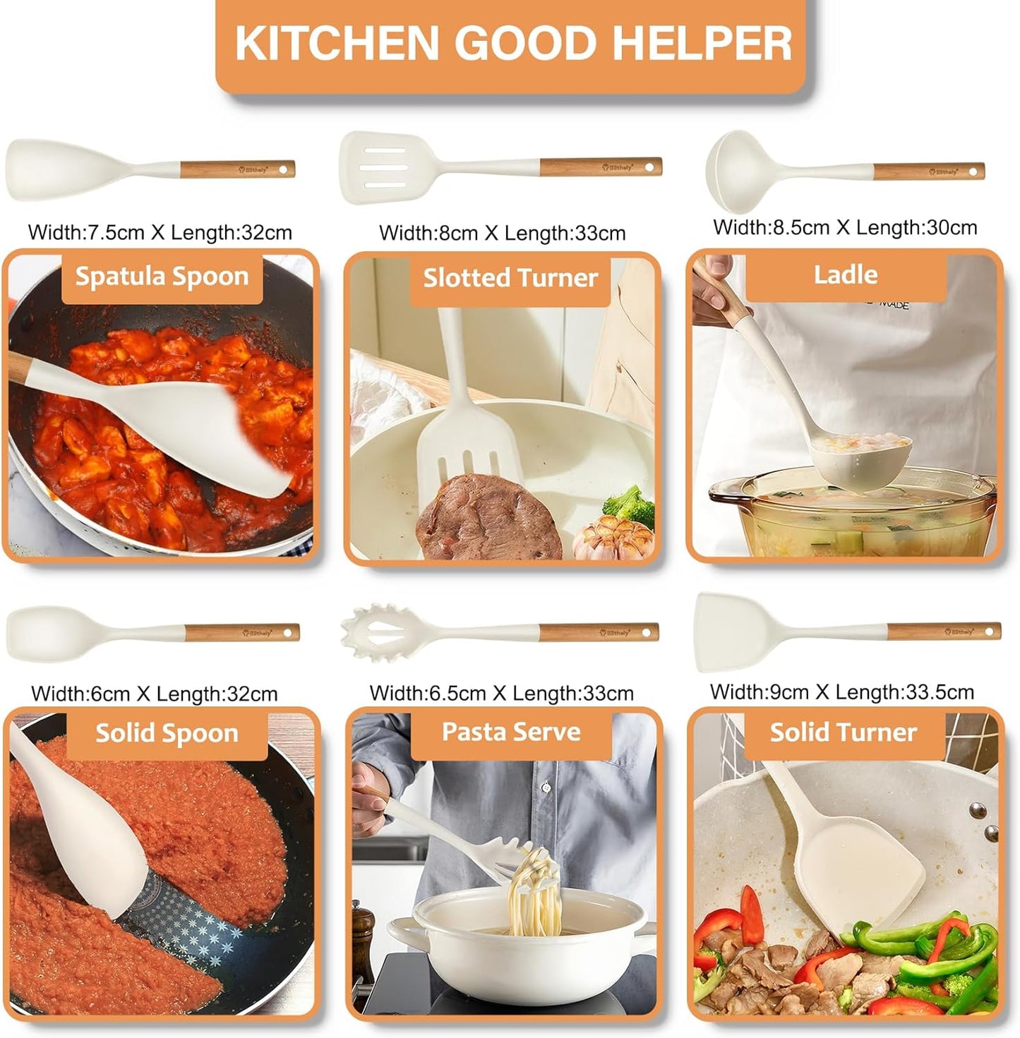 Silicone Cooking Utensils Set, 6 Pack Large Kitchen Utensils Set with Wooden Handle, Heat Resistant Silicone Utensil Spatula Set for Nonstick Cookware, Spatula, Turner, Spoon, Ladle BPA Free (White)