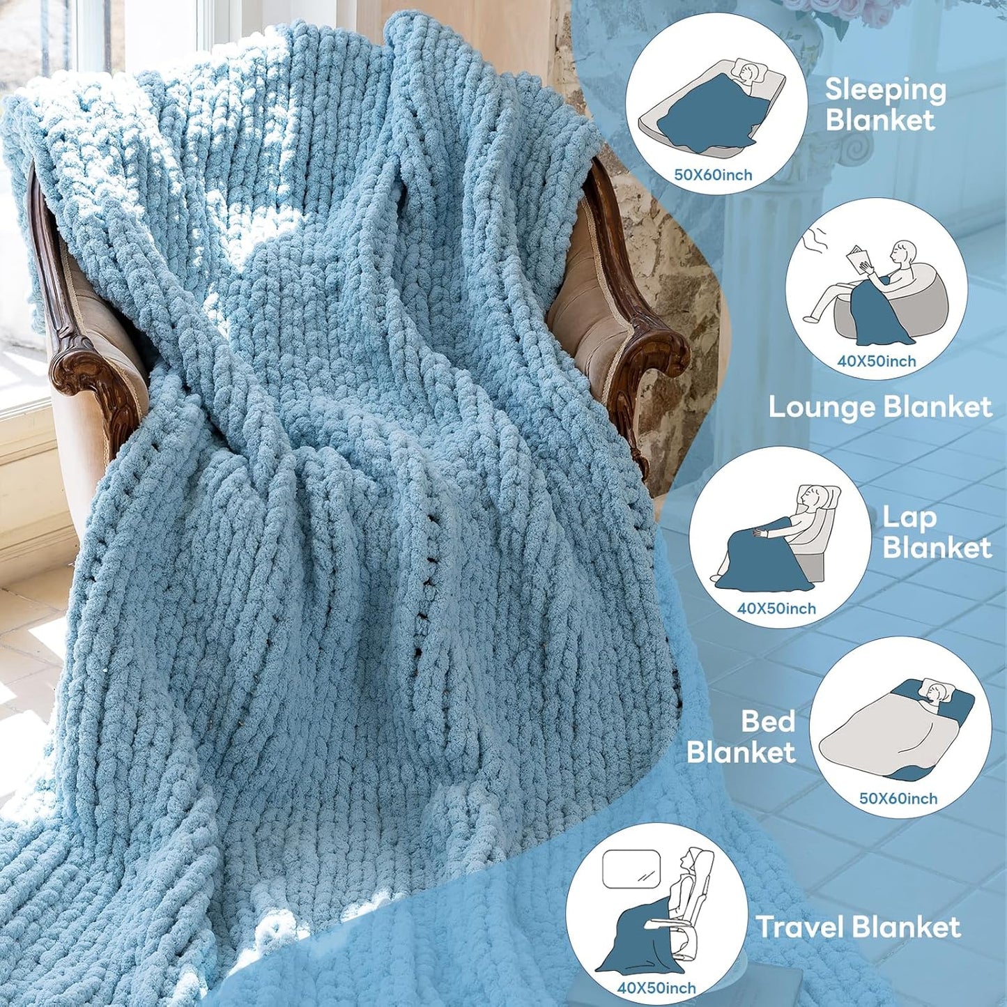 Chunky Knit Blanket - Luxury Soft Cozy 60 * 80 Throw Blanket,100% Woven Blanket Rope Knot Throw Blanket for Couch, Sofa, Home Decor, Gift - Machine Washable(Light Blue)