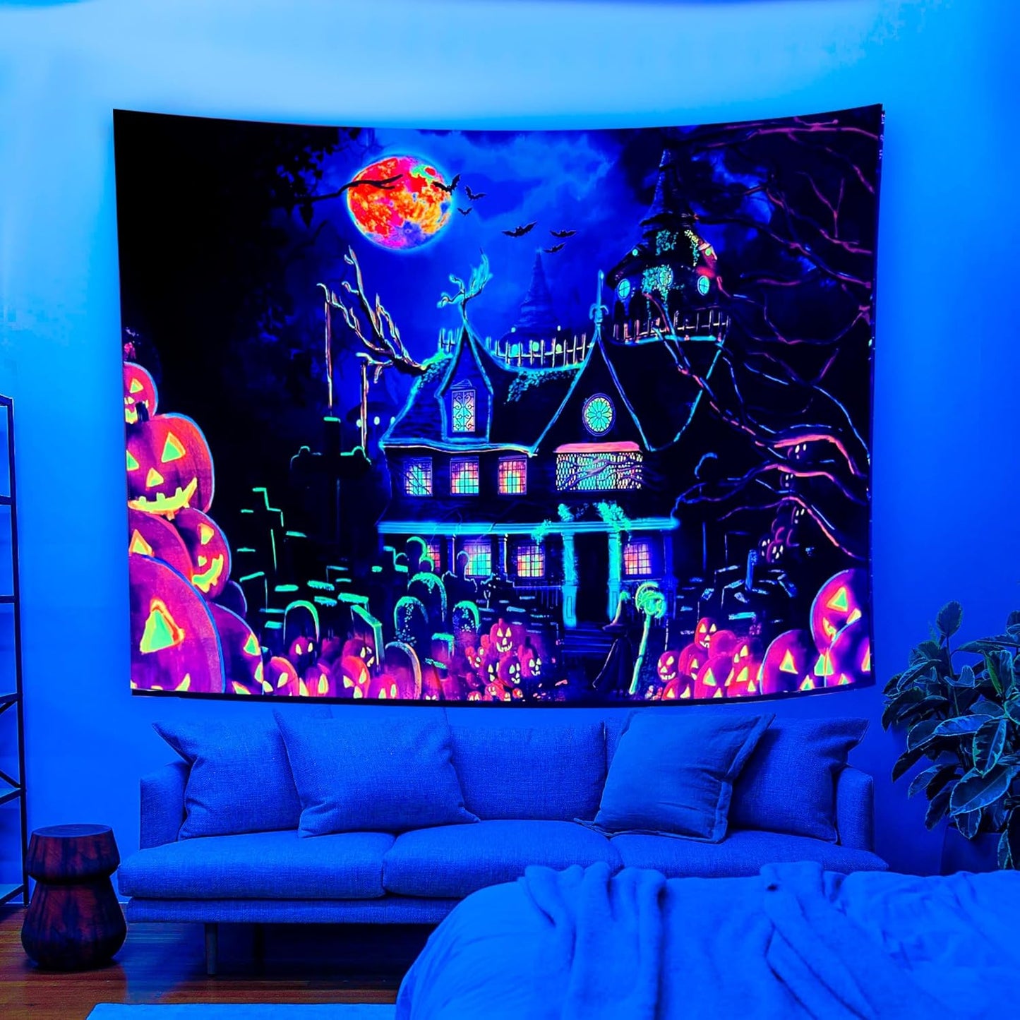 OSVINO Blacklight Halloween Castle Tapestry 90"x70" Pumpkins Bats Crosses Backdrop Bedroom Aesthetic Hippie Room Decor Glow in The Dark Wall Poster for Halloween Easter