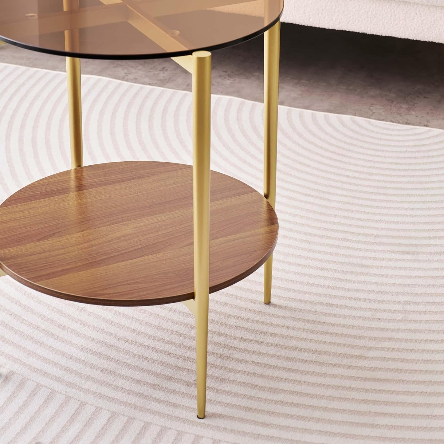 Round Glass End Table, Mid-Century Modern Design Sofa Table for Living Room, D18 x H23, 2-Tier Structure, Amber Glass Top and Walnut Shelf, Sleek Conical Legs with Gold Finish Frame