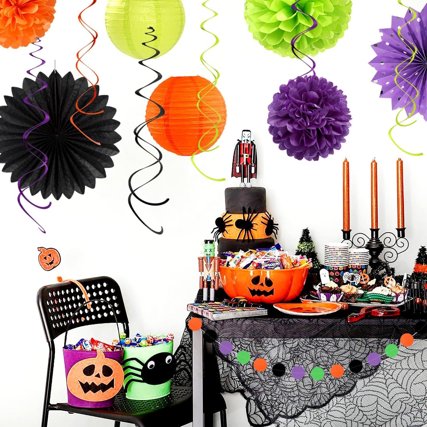 Black-Green Orange-Purple Halloween Birthday Party-Decorations - 21pcs Happy Banner,Paper Lanterns Honeycomb,Tissue Pom Poms Flower Fan,Kids Classroom Hanging Streamers Garland Decor Supplies Huglony