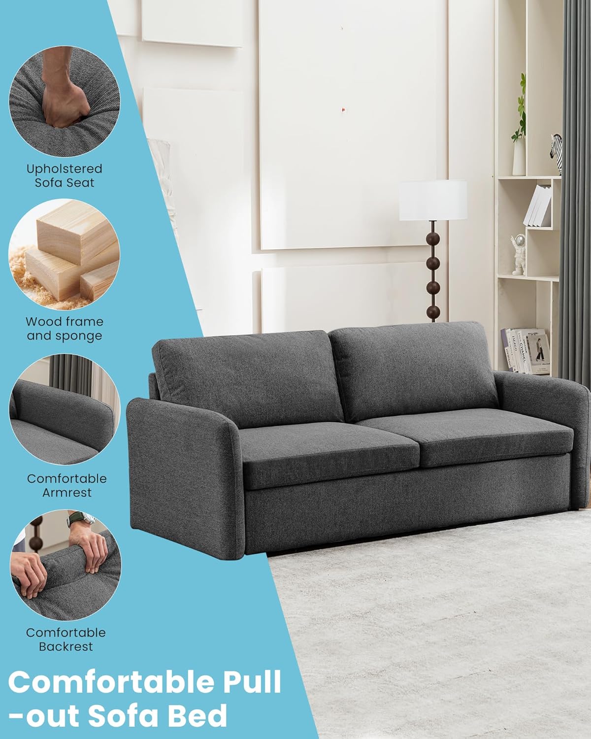 Queen Size Pull Out Sofa Bed, Convertible Sleeper Sofa Couch with Pullout Bed, 2 in 1 Sofa Bed Couch with Memory Foam Mattress for Living Room Office, Space-Saving, Dark Grey