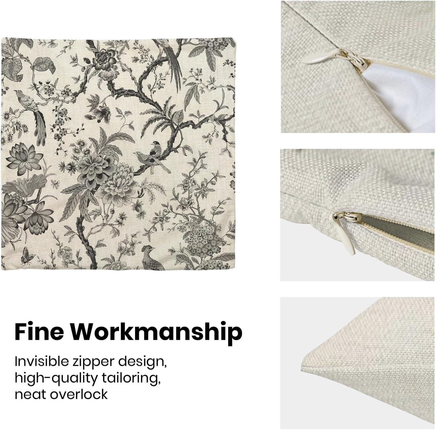 CXMEIFLY Spring Floral Birds Pillow Covers 16 x 16 Inch Set of 2 for Chinoiserie Flowers Decor Throw Pillows Black and White Plant Outdoor Decorative Cushion Cases for Couch Bed Decorations