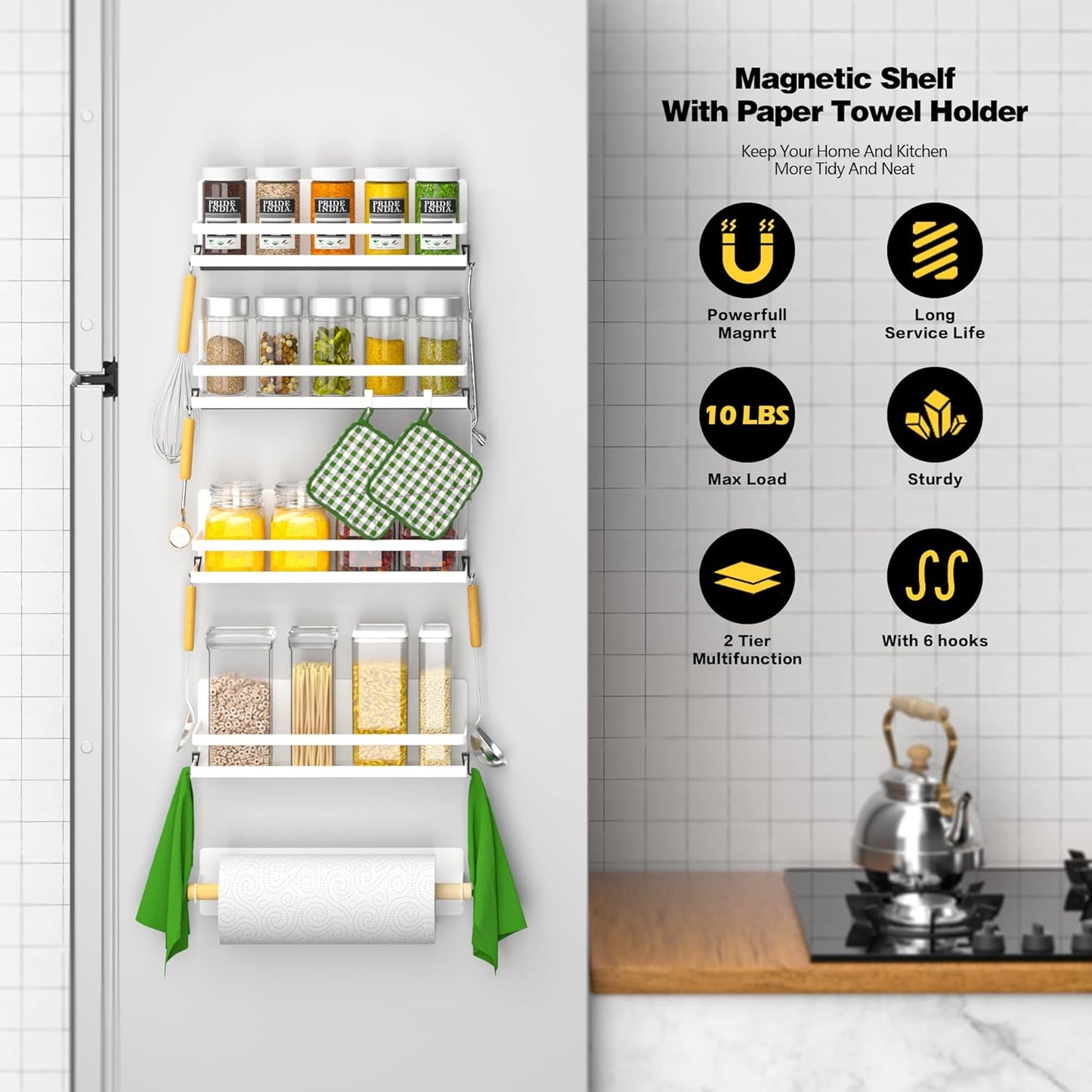 Magnetic Spice Rack Moveable Magnetic Shelf Organizer for Kitchen Refrigerator Microwave Oven Storage Rack Fridge Magnet Organizer,White,4 Packs