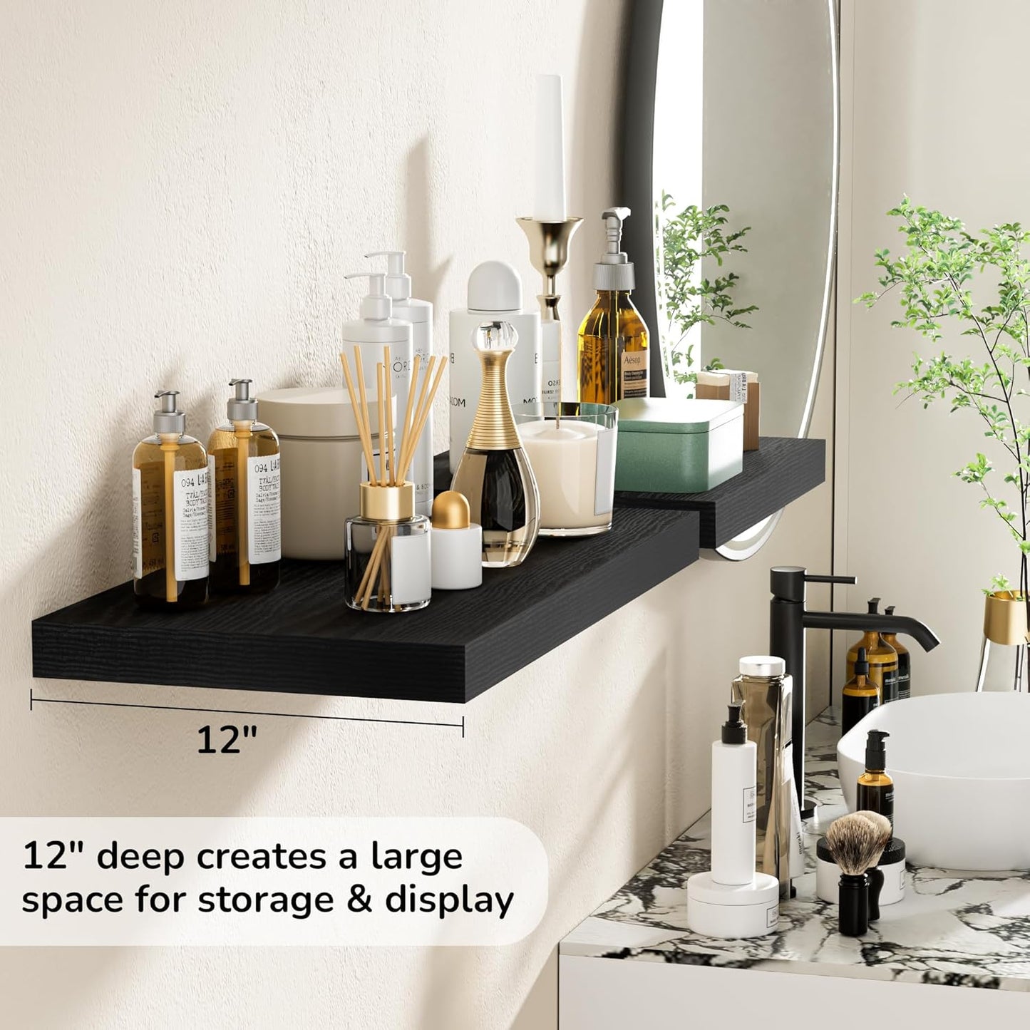 Fun Memories Floating Shelves - 2 Pack 12 Inch Rustic Wooden Wall Shelves - Extra Deeper & Thicker Wall Mounted Storage Shelf for Living Room, Kitchen, Farmhouse - 24" W x 12" D x 1.5"H - Rustic Black