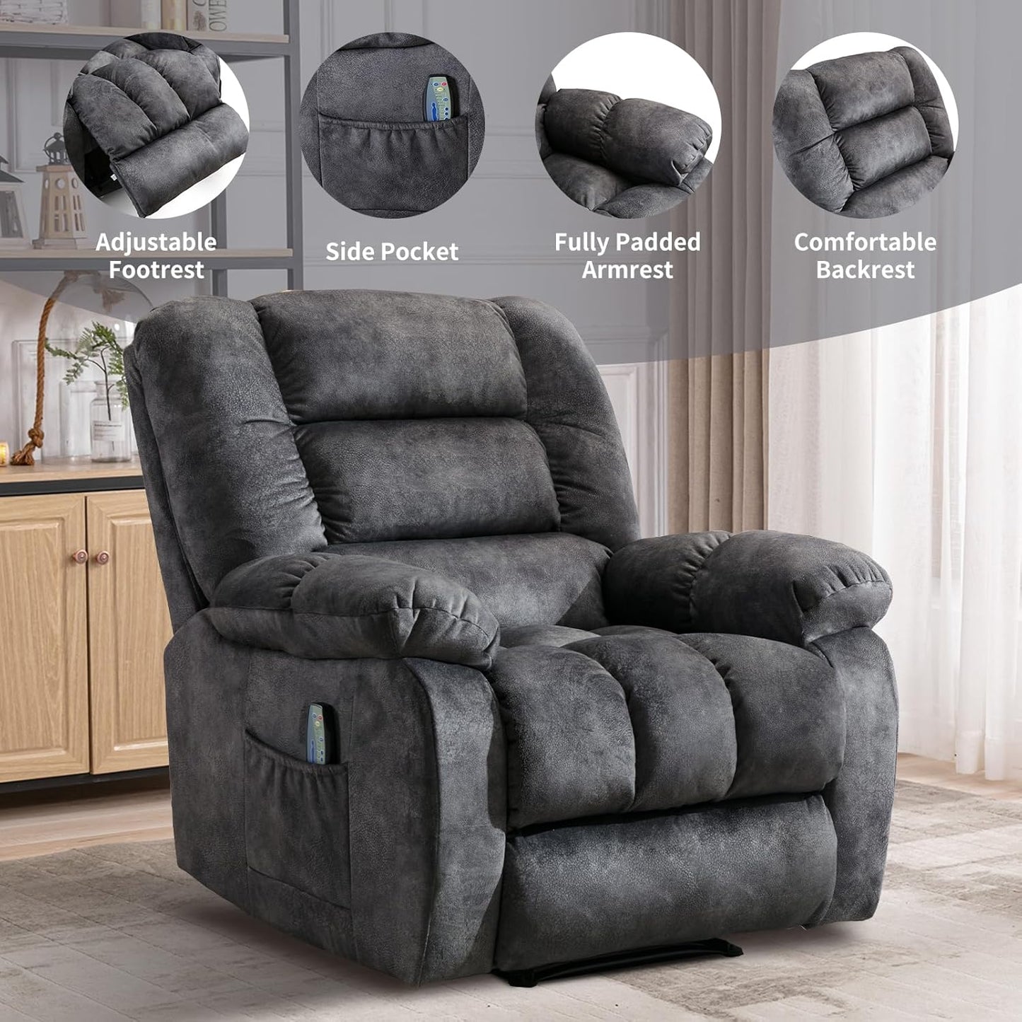 Massage Recliner Chair with Heat and Massage, Soft Fabric Ergonomic Manual Reclining Chairs, Heavy Duty Reclining Sofa Chair with Side Pockets for Living Room (D-Grey)